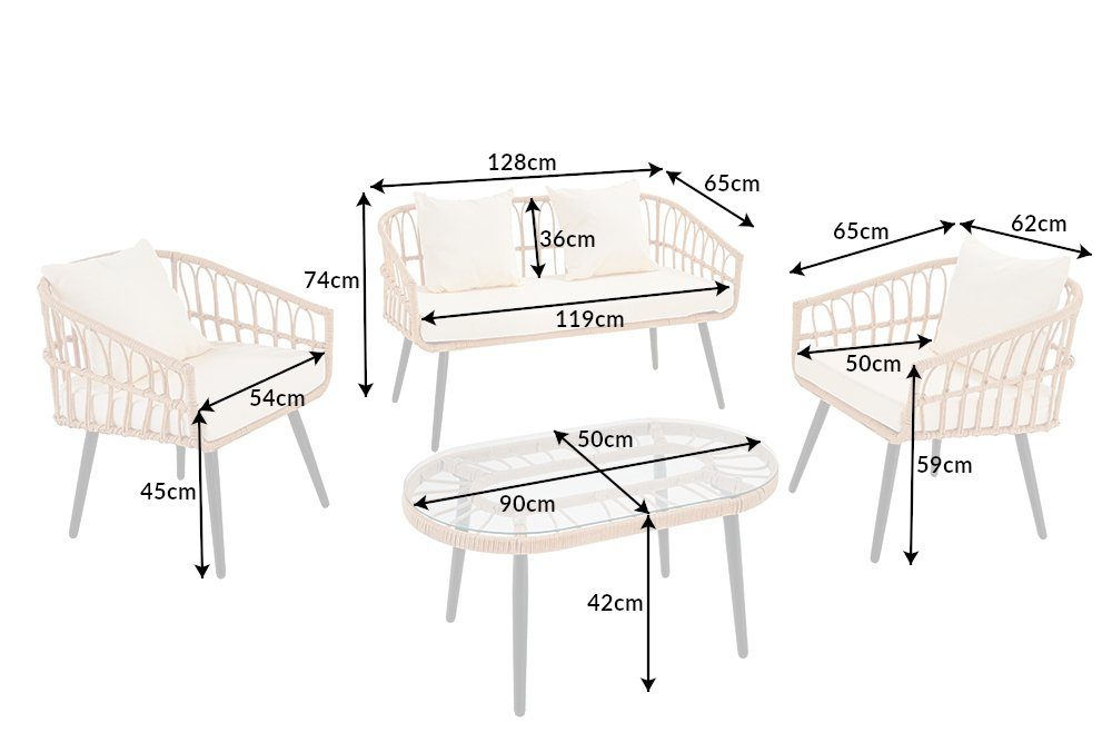 riess-ambiente Sitzgruppe Gartenmöbel creme), Outdoor · natur Wechselbezügen (grau · · Terrasse · Balkon · Tisch · / Rattan · PARIS Lounge / inkl. schwarz 4-tlg), (Set