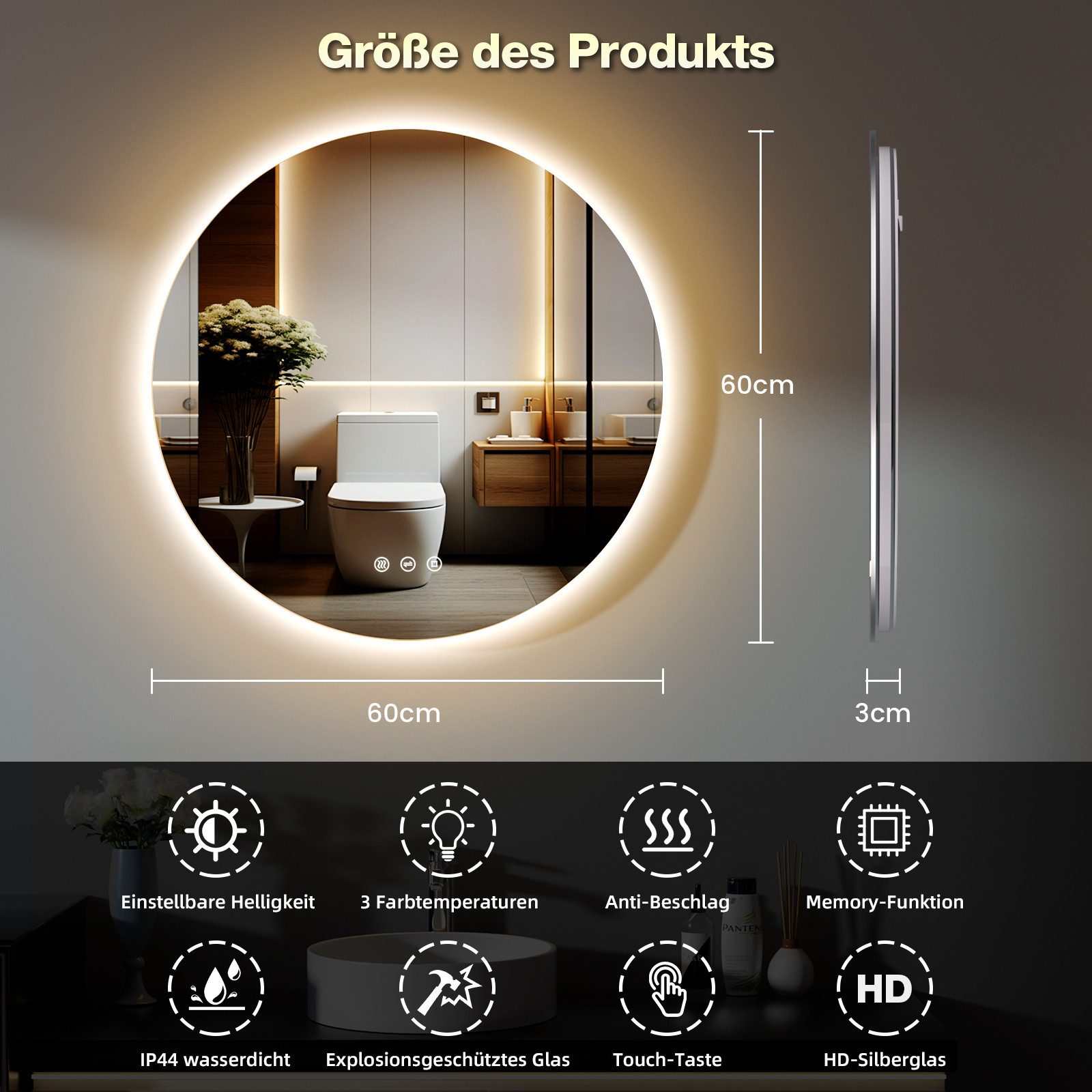 GIMBELEN Badspiegel LED-Badezimmer-Spiegel, 60 cm LED Badspiegel, 3 Farben, dimmbar, Touch, Anti-Beschlag, Memory – Bild 5 von 5