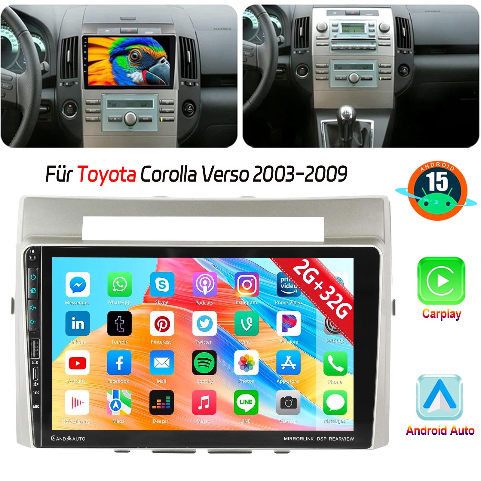 ESSGOO DAB+ 64G Für Toyota Corolla Verso 03-09 Android 15 Carplay USB Type-C Autoradio (Digitalradio (DAB), RDS, FM, AM, 4+64GB(optional), Apple Carplay Android Auto GPS Navi WIFI BT EQ)