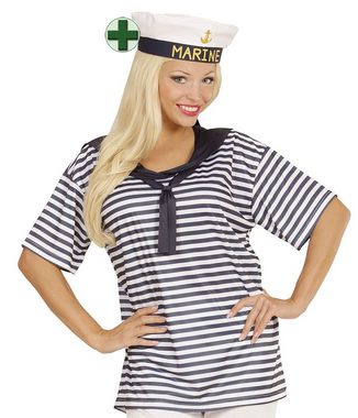 Karneval-Klamotten Kostüm Matrosin Damen Matrose T Shirt mit Matrosenmütze, blau-weiß gestreiftes Oberteil mit Mütze und Kragen