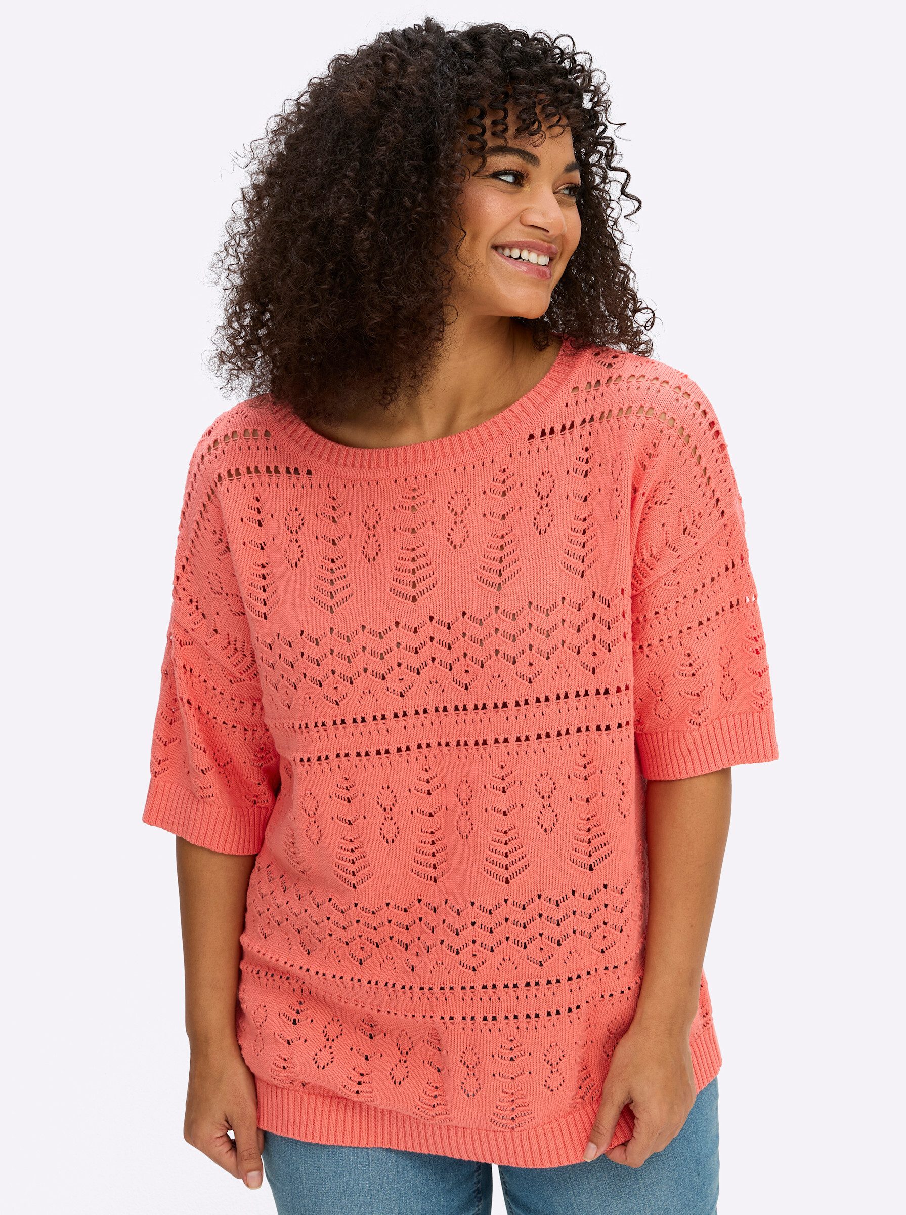 Sheego Strickpullover Kurzarm-Pullover Kurzarm Ajour