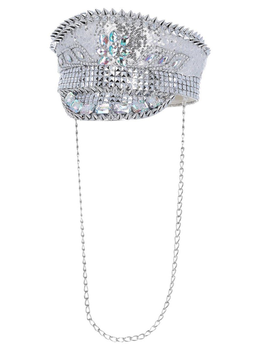 Smiffys Kostüm Silberne Klunkerkapitän Schirmmütze, Viel mehr Strass und Glitter passt auf keine Mütze!