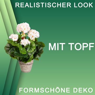 Kunstblume Kunstpflanze Geranie Geranienbusch mit Topf Zement 34cm Deko weiß rosa, TronicXL, Höhe 34 cm