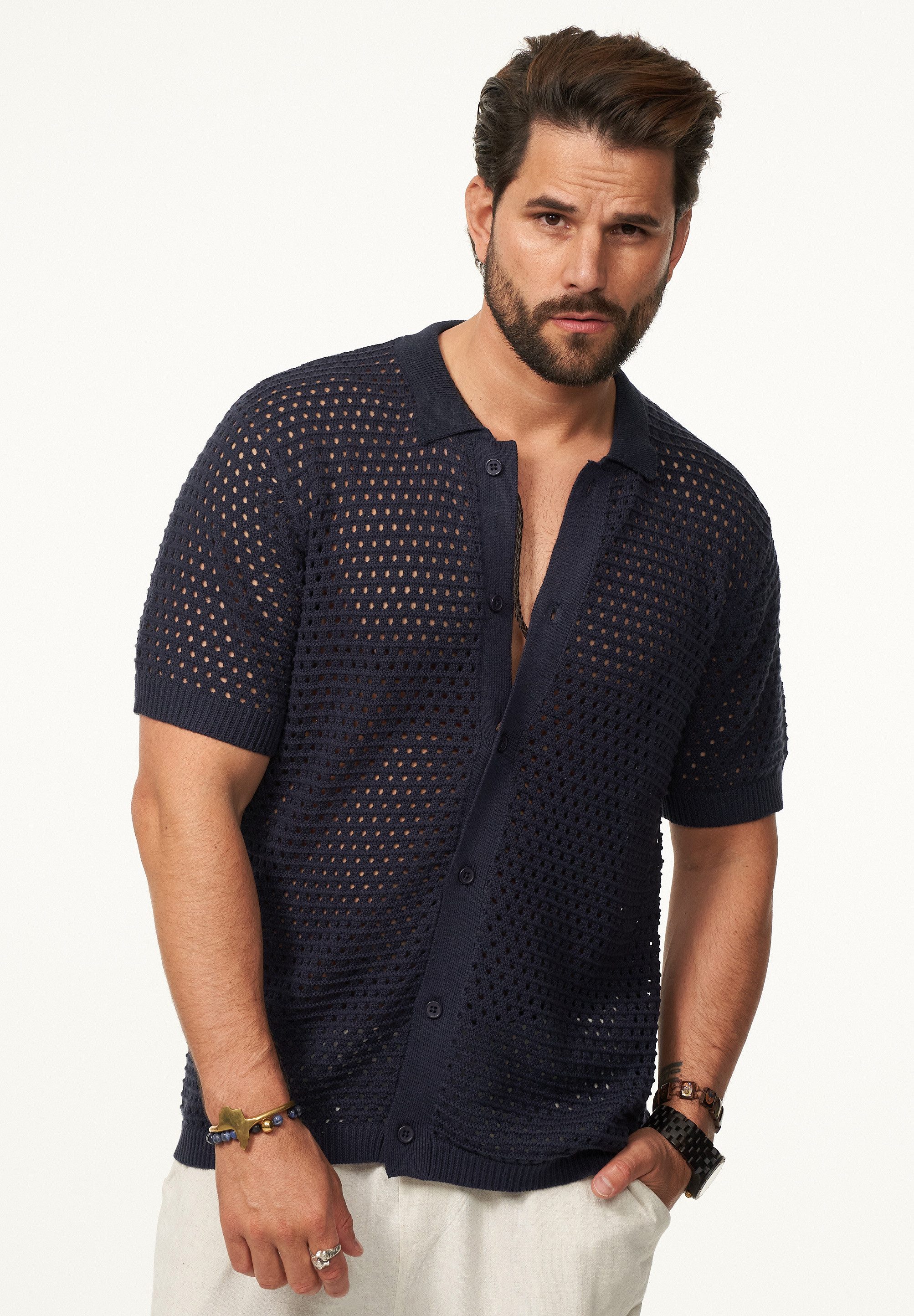 SOULSTAR Poloshirt im Crochet Vintage Summer-Look Herren Kurzarm Strick Polo-Hemd Cardigan T-Shirt