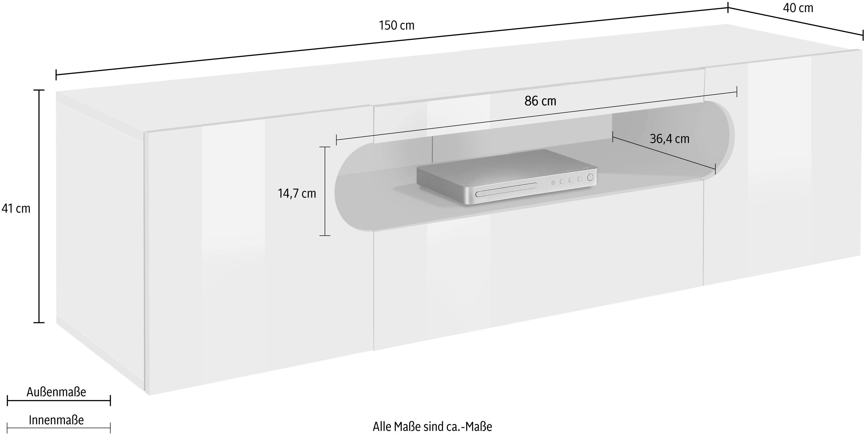 Home affaire Lowboard Real,Lowboard,TV-Kommode,TV-Möbel,Breite 150 kompl. hochglanz lackiert, mit 2 abgerundeten Türen,1 Klappe,die ein ovales offenes Fach bilden