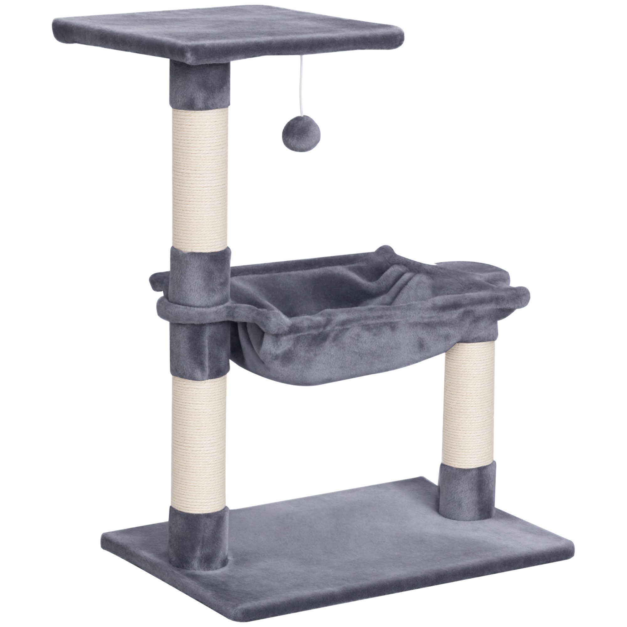 PawHut Kratzbaum Kletterbaum Katzenbaum Kratzbaum mit Sisalsäule Plüsch-Hängematte, Spanplatte Grau 50 x 36 x 70 cm