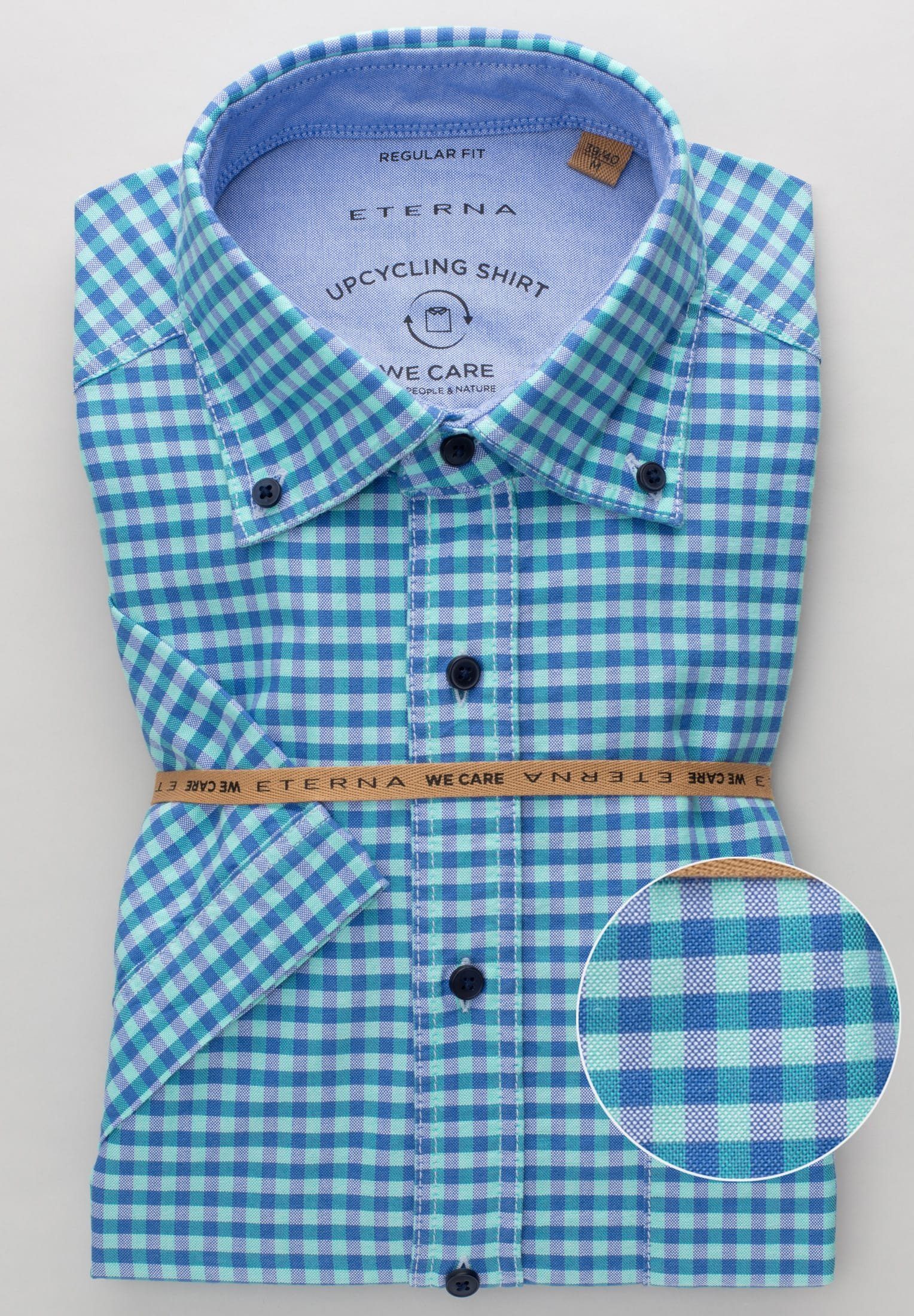Eterna Klassische Bluse ETERNA REGULAR FIT UPCYCLING SHIRT Kurzarm Hemd oxford blau-türkis
