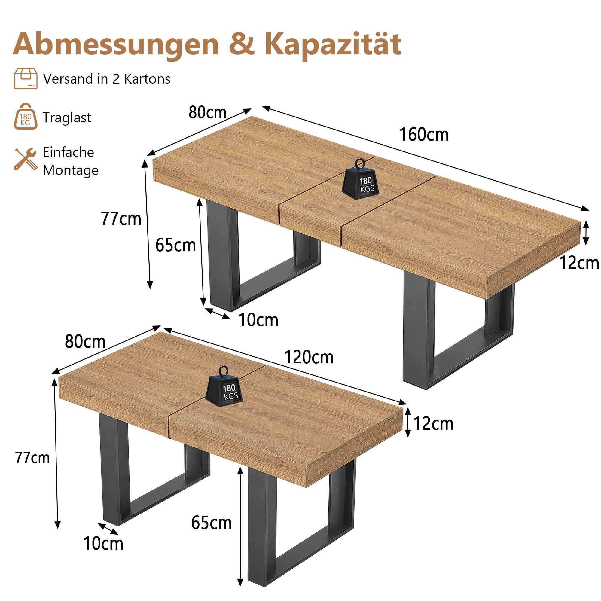 GRAVFORCE Esstisch Küchentisch, Wohnzimmertisch mit ausziehbarer Tischplatte 120–160 cm (1-St), Naturholz-Tisch für 2-6 Personen – Ideal für Esszimmer & Wohnzimmer