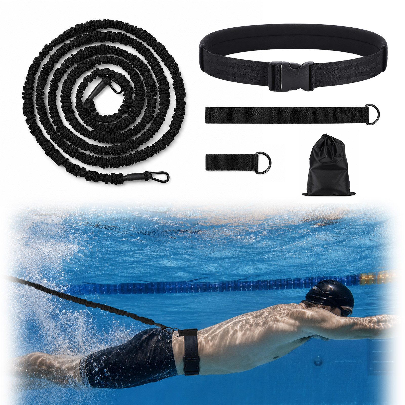 JOYOLEDER Schwimmgürtel Schwimmgurt für Pool, 4-12M Einstellbare Schwimmwiderstand Gürtel, (Schwimmtrainer Gürtel, Schwimmhilfe für Jedes Schwimmbad)