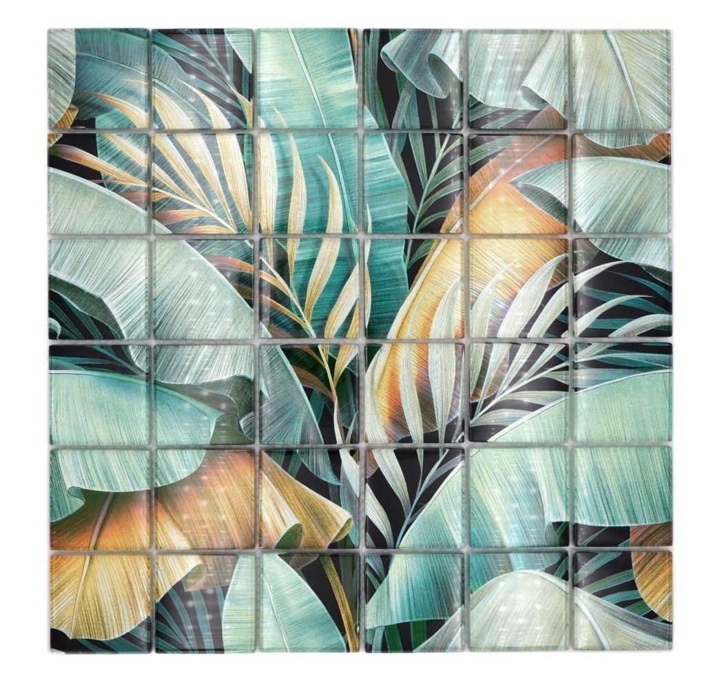 Mosani Mosaikfliesen Glasmosaik Mosaikfliese Regenwald Grün Ockergelb Blätter
