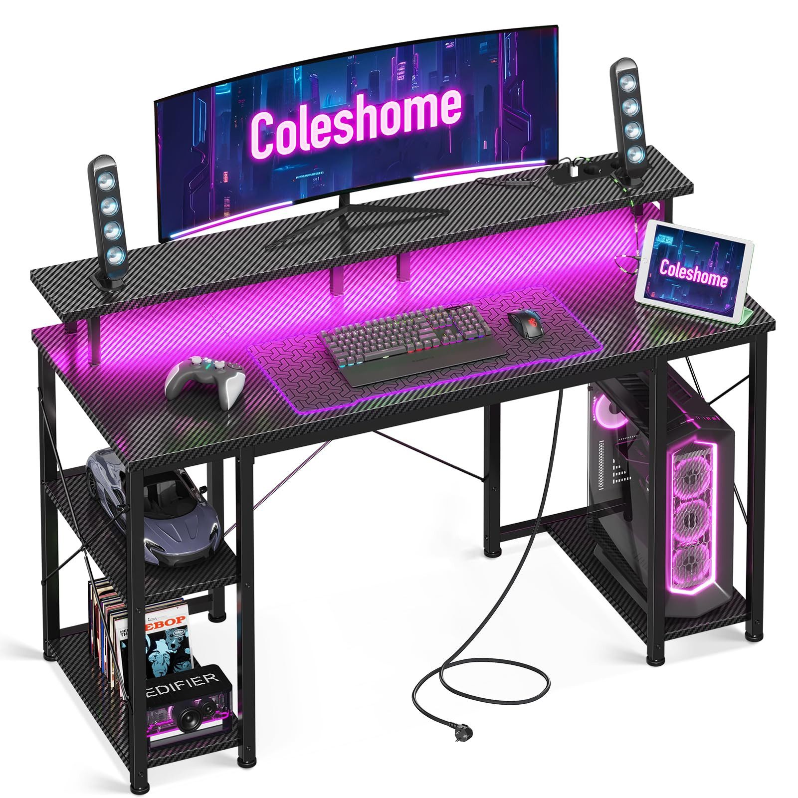 ODK Gamingtisch Computertisch mit integrierter Steckdose und LED-Beleuchtung (1-St), 120 cm in Schwarz für Gaming und Homeoffice