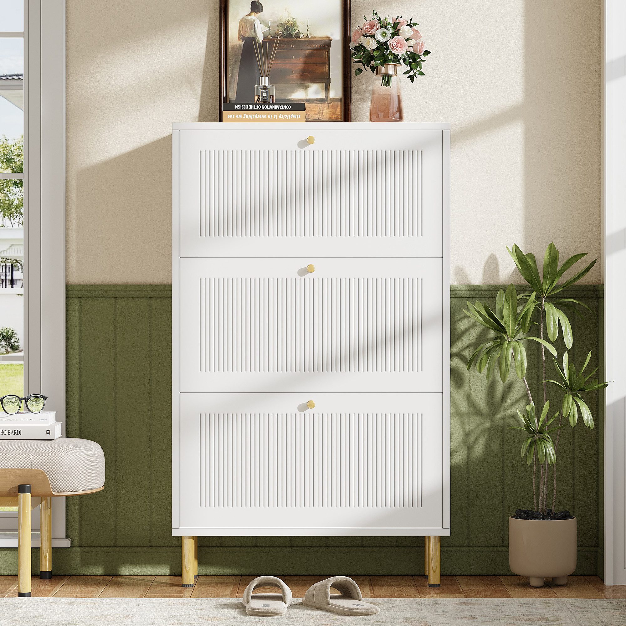 Flieks Schuhschrank mit 3 Klappen, goldfarbene Metallfüße und Metallgriffe (1-St., B73 x T23 x H125 cm) Schuhkommode Schuhkipper mit verstellbarer Einlegeböden  – Bild 3 von 5