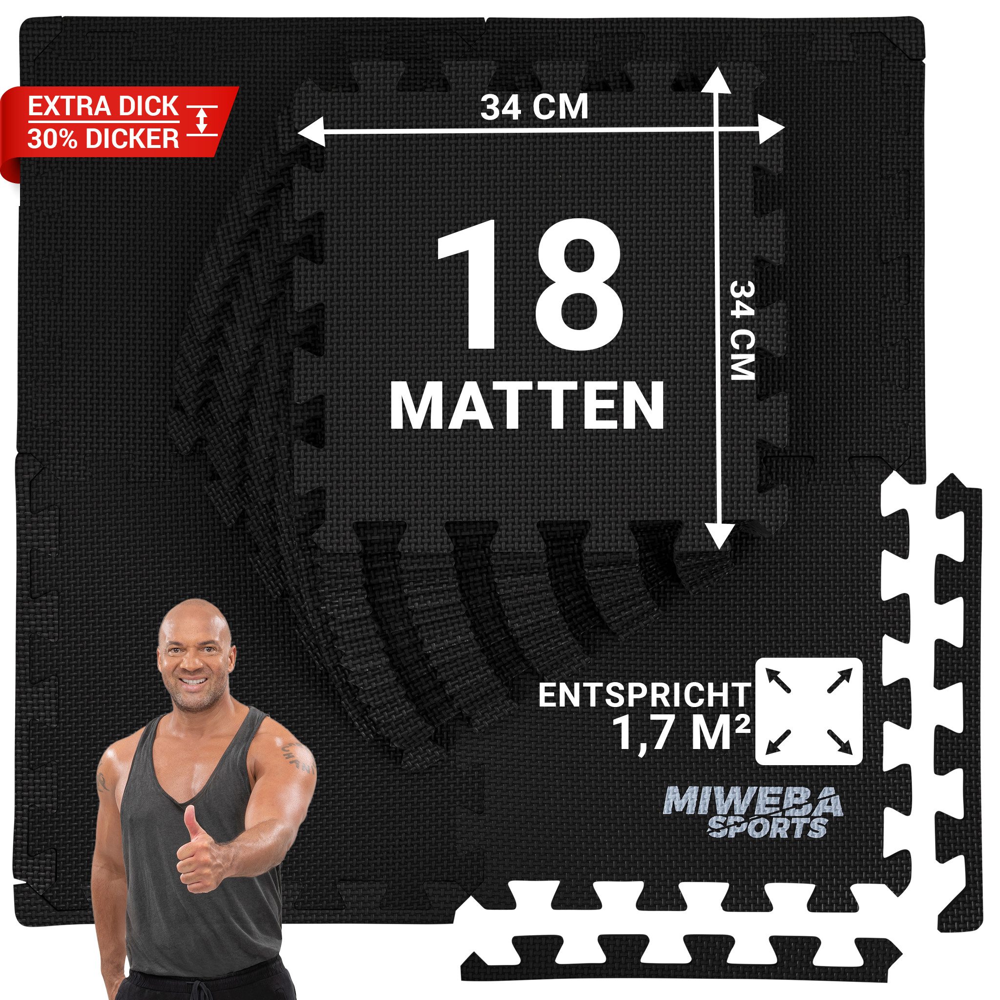 Miweba Sports Bodenschutzmatte BS100 - BS50 Puzzlematte - Premium Trainingsmatte für Fitnessgeräte, Turnmatte, Sportmatte, 18-St., Bodenschutzmatte, Schutzmatte Fitnessmatte - 2 Farben - quadratisch