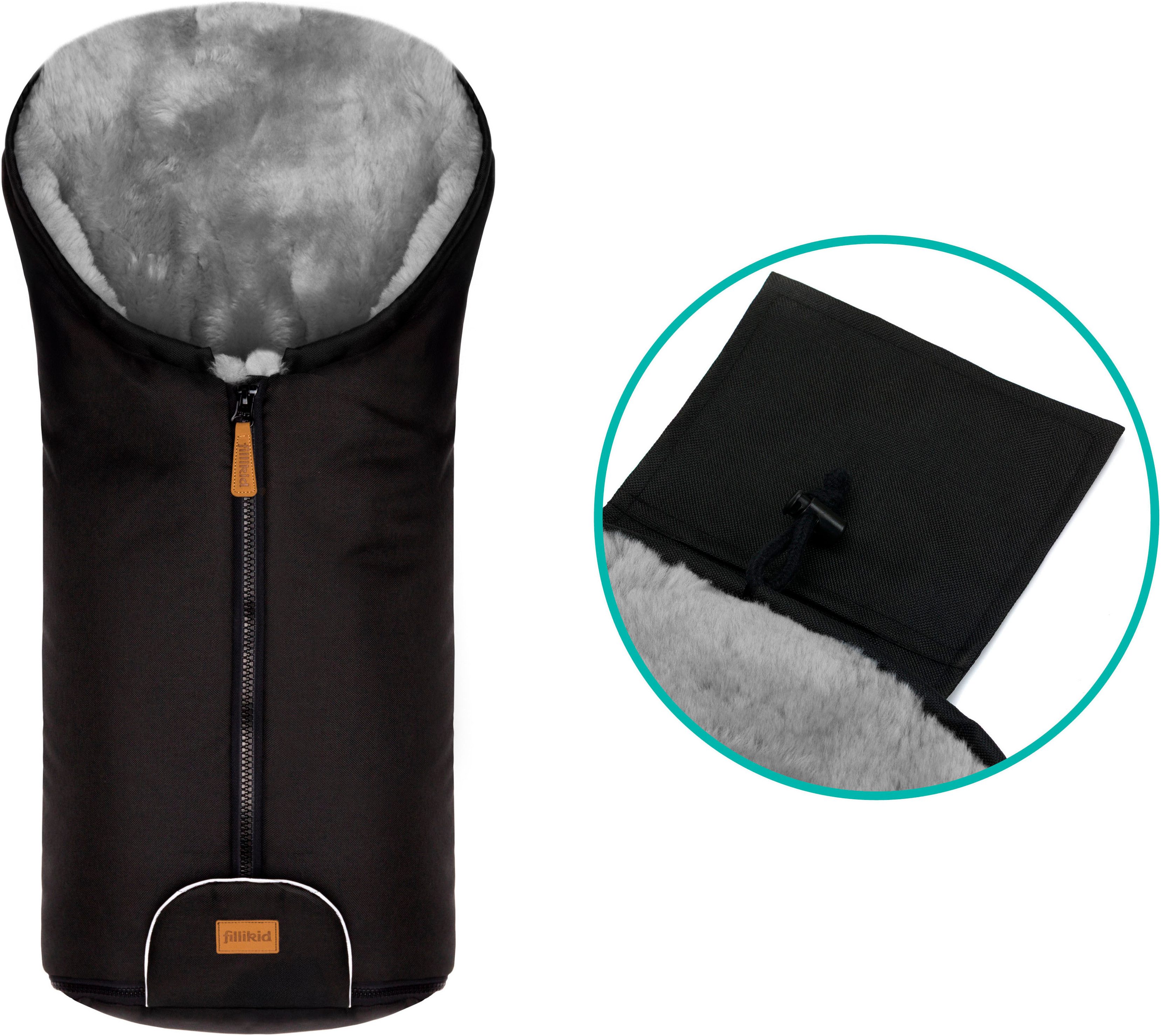 Fillikid Fußsack Pamir Alpina, schwarz, Lammfell grau, Winterfußsack, für Autositze Gr. 0 und Kinderwagen – Bild 5 von 5