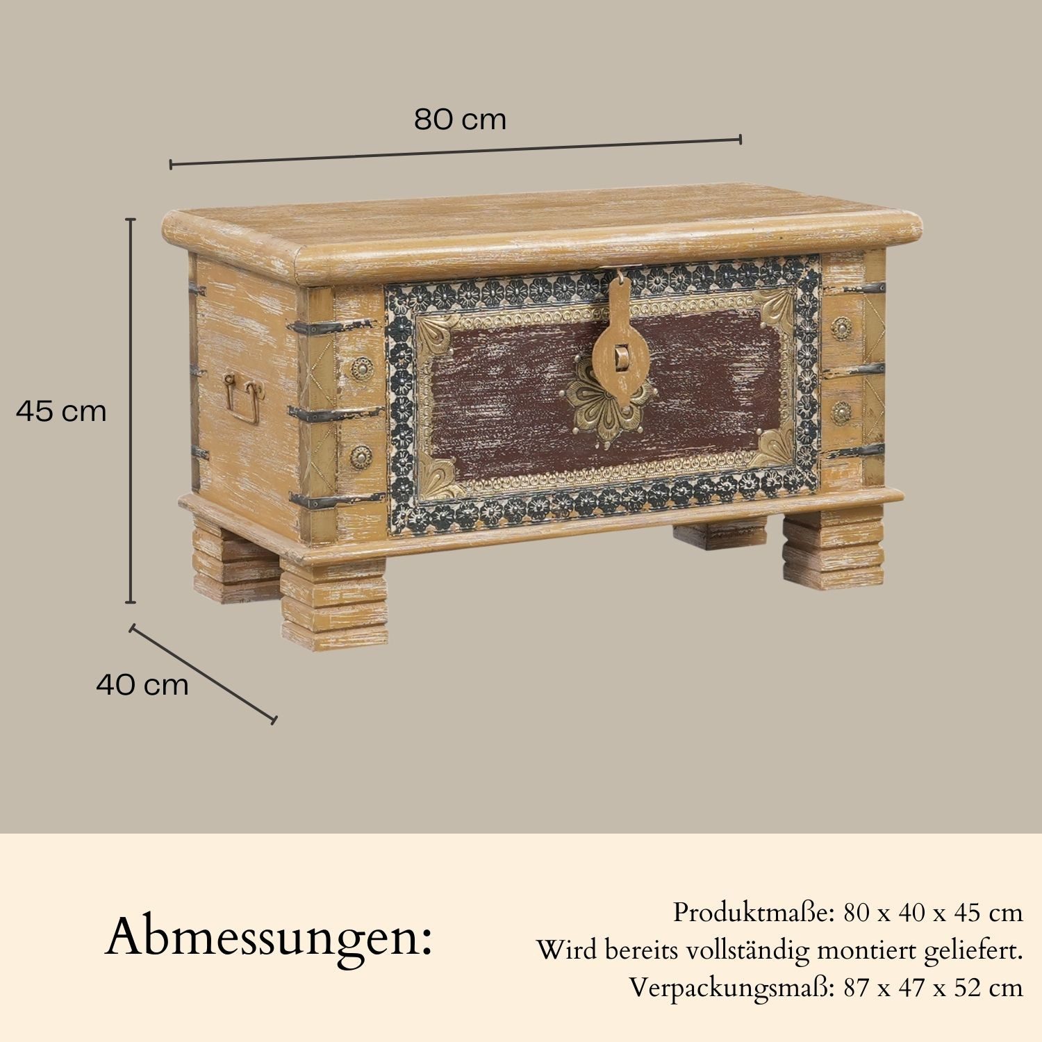 Marrakesch Orient & Mediterran Interior Truhe Massivholz-Truhe Chayma handgemachte Möbel Sitztruhe Betttruhe 80 cm (1 St), Handarbeit