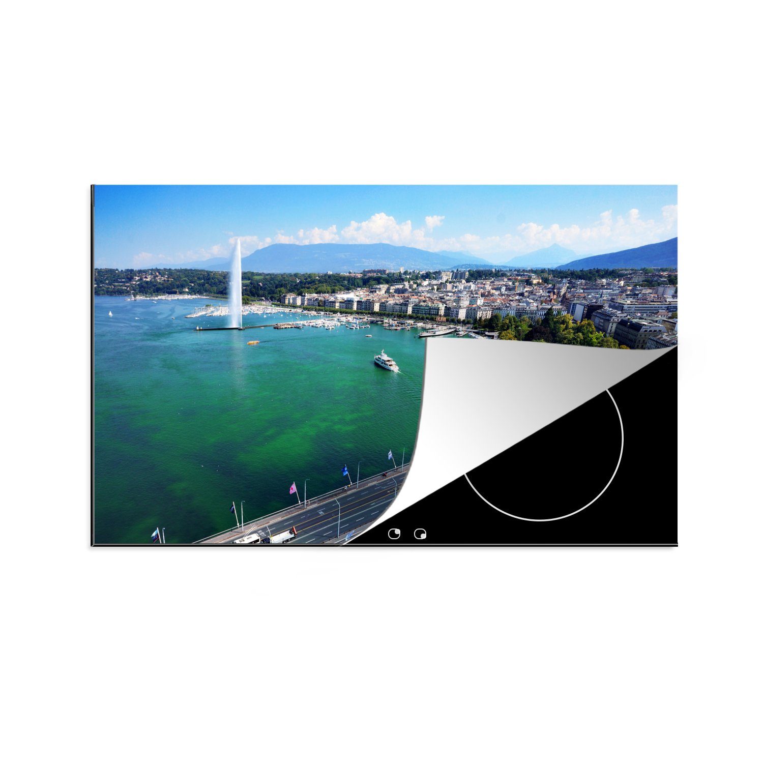 MuchoWow Herdblende-/Abdeckplatte Wunderschöne Luftaufnahme des Genfer Sees und des Brunnens, Vinyl, (1 tlg), 83x51 cm, Ceranfeldabdeckung, Arbeitsplatte für küche