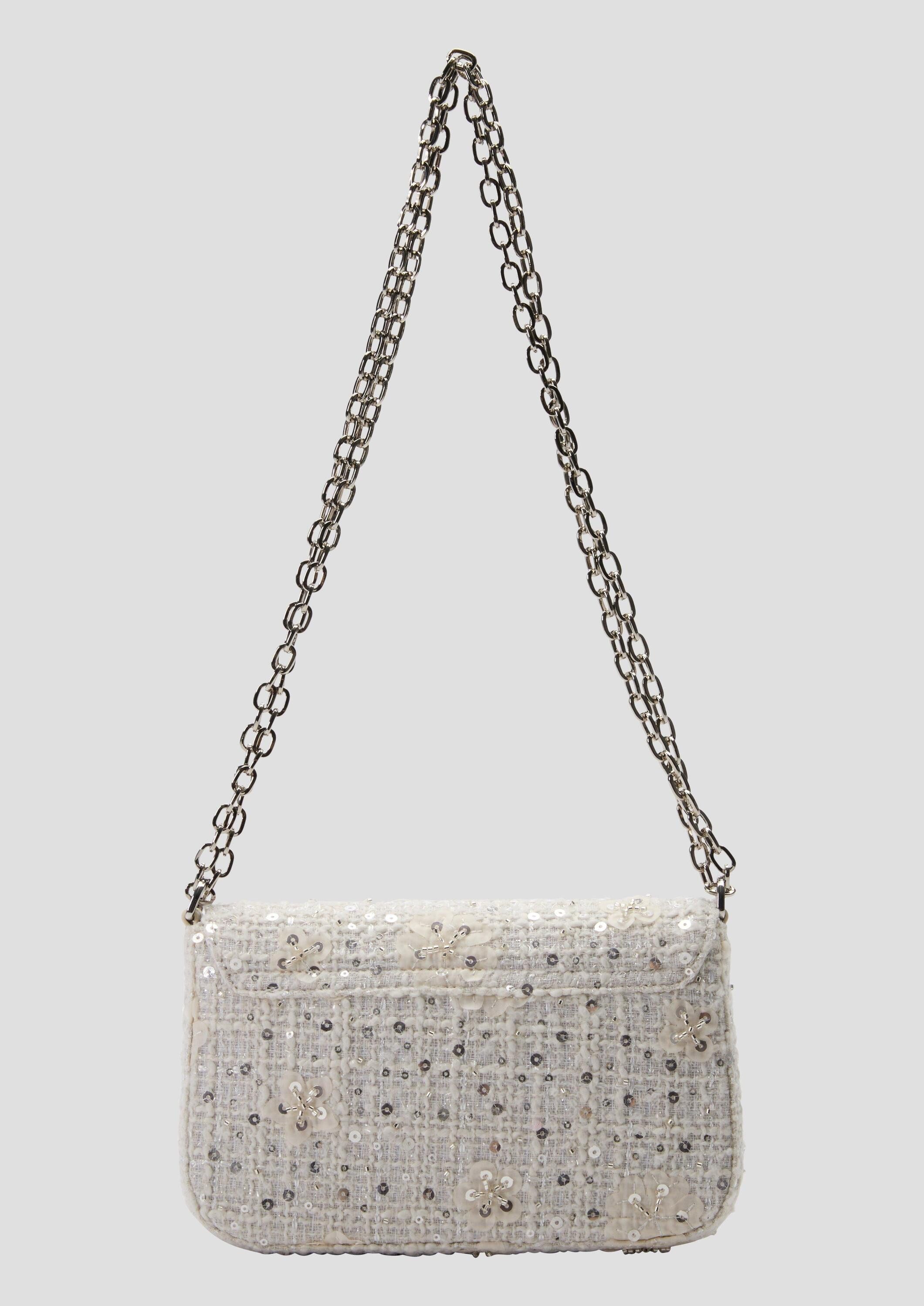 s.Oliver Schultertasche Tasche, City-Bag aus Bouclé mit Schmucksteinen und Kette
