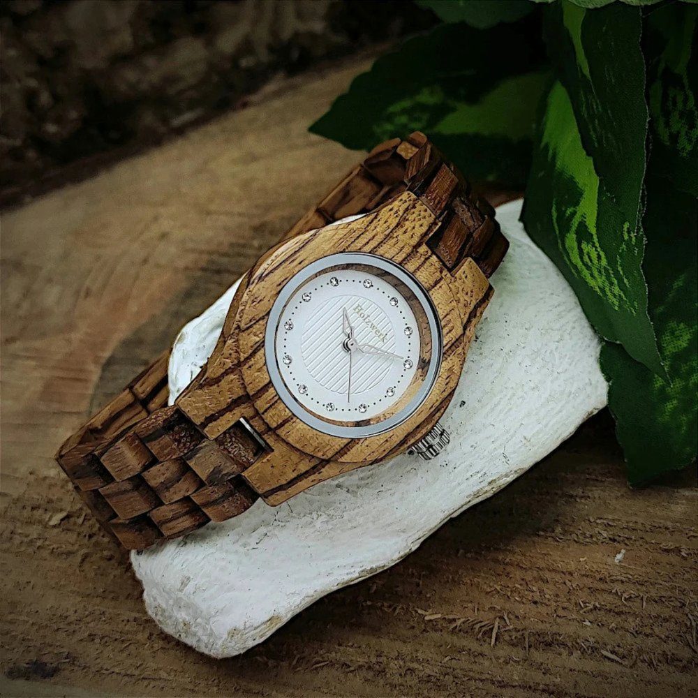 braun Quarzuhr Damen kleine Holz Armband & Strass PARCHIM Uhr, Walnuss Holzwerk weiß