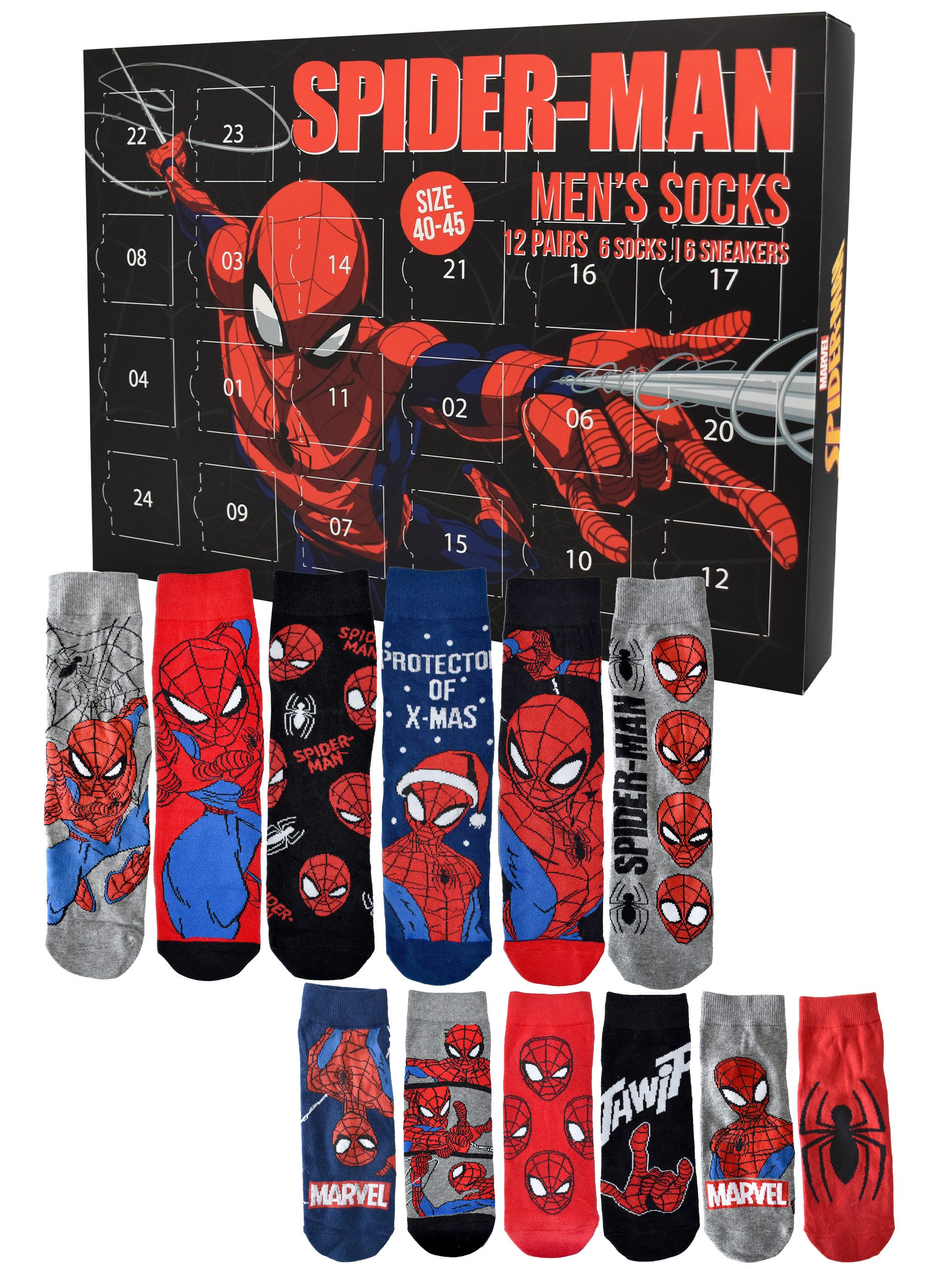 United Labels® Adventskalender Marvel Spiderman Socken Adventskalender mit 12 Paar kurz und lang
