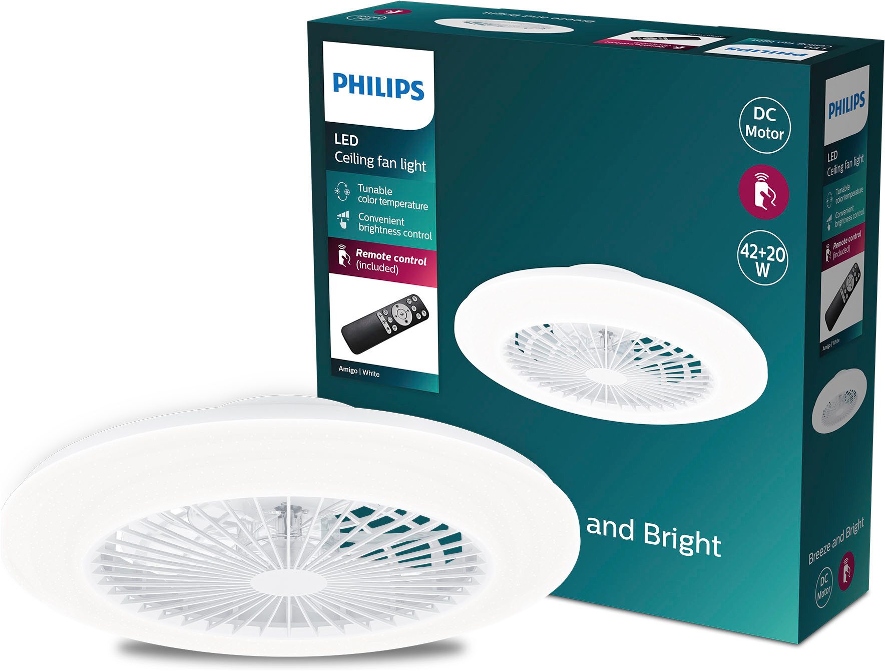 Philips LED Deckenleuchte Deckenventilator Amigo 20W+42W 49cm weiss, Abschaltautomatik, CCT - über Fernbedienung, Dimmer, Dimmfunktion, Farbsteuerung, Farbwechsel, Fernbedienung, Infrarot inkl., Ventilatorfunktion, dimmbar über Fernbedienung, mehrere Helligkeitsstufen, LED fest integriert, warmweiß - kaltweiß, inkl. Fernbedienung