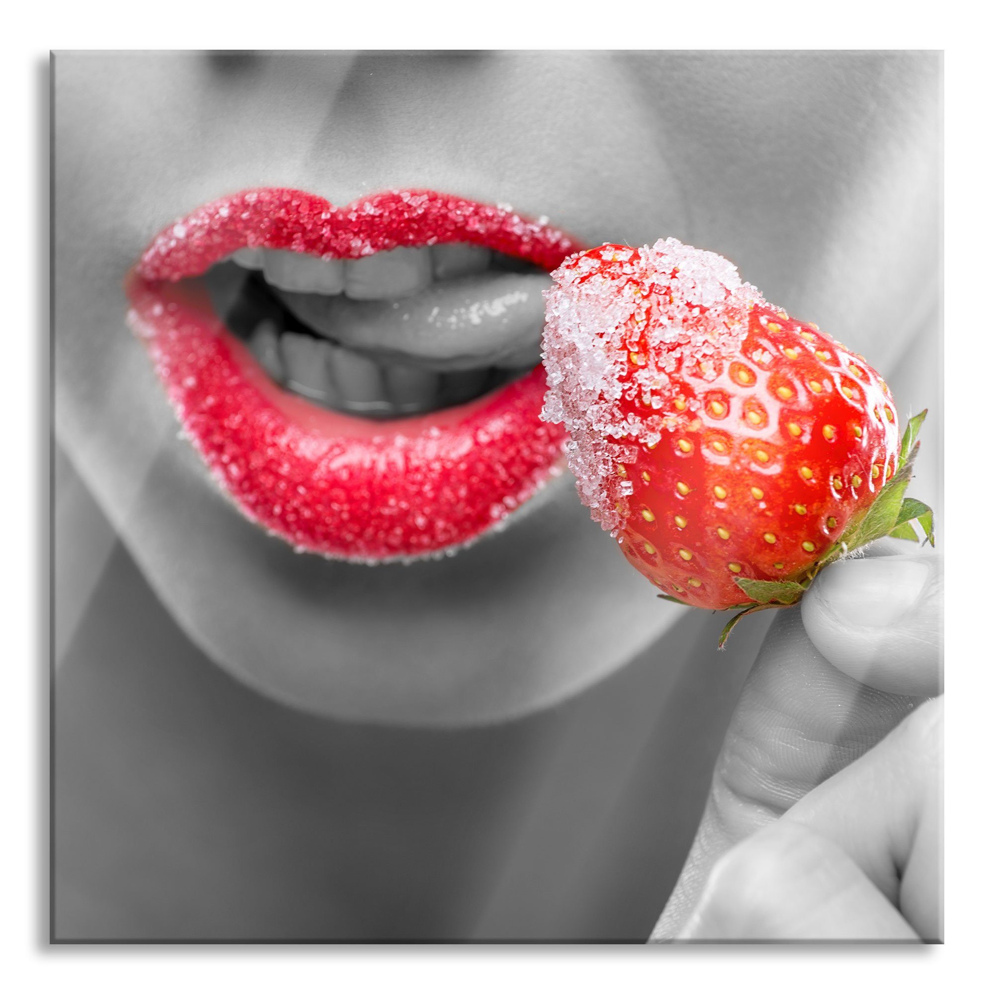 Glasbild Erdbeere mit Zucker