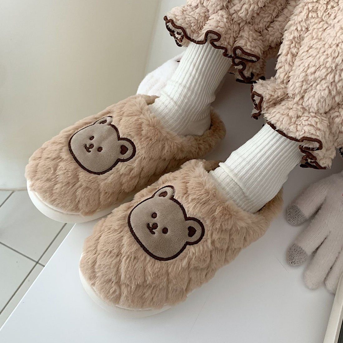 DÖRÖY WarmePlüschpantoffeln für Damen,Cartoon-Bären-Pantoffeln aus Baumwolle Hausschuhe khaki Plüsch