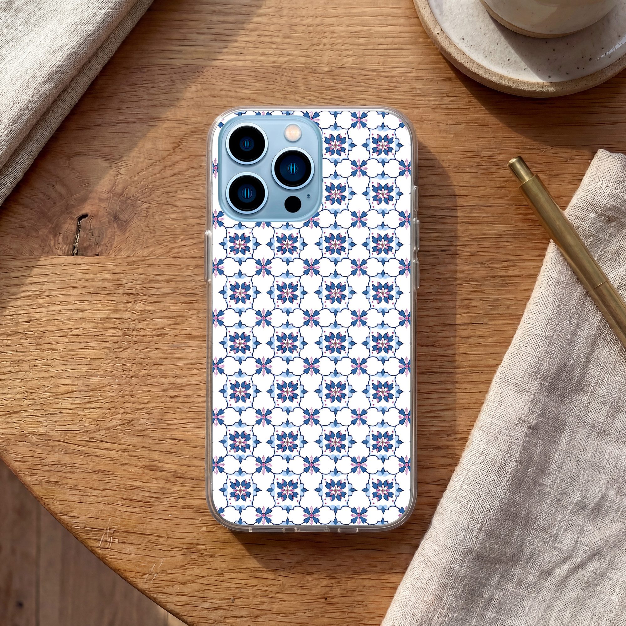 MuchoWow Handyhülle für Apple iPhone 13 Pro Modern - Muster - Blau - Rosa, Smartphone-Bumper, Print, Handy Schutzhülle Dünn