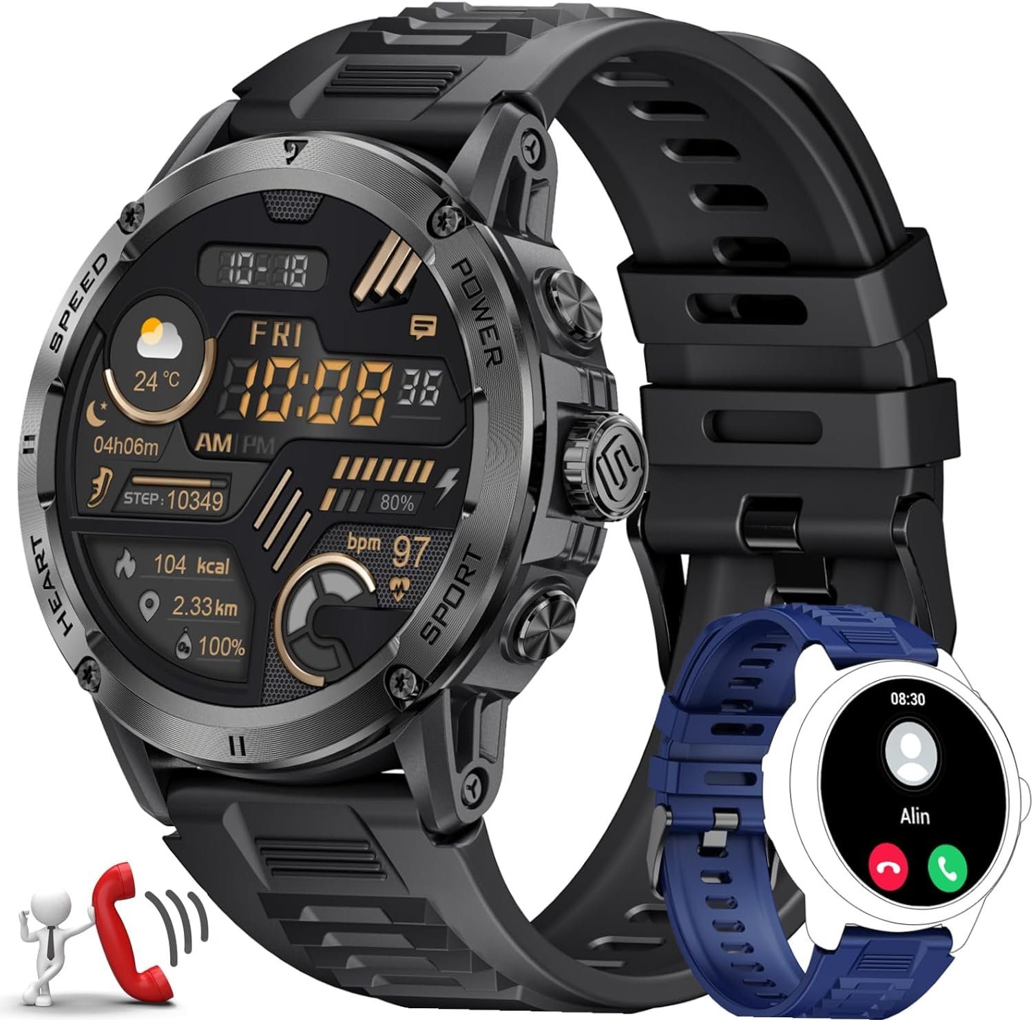 FoxBox Smartwatch (1,52 Zoll, Android iOS), Smartwatch herren militär telefonfunktion kompass immer eingeschaltet