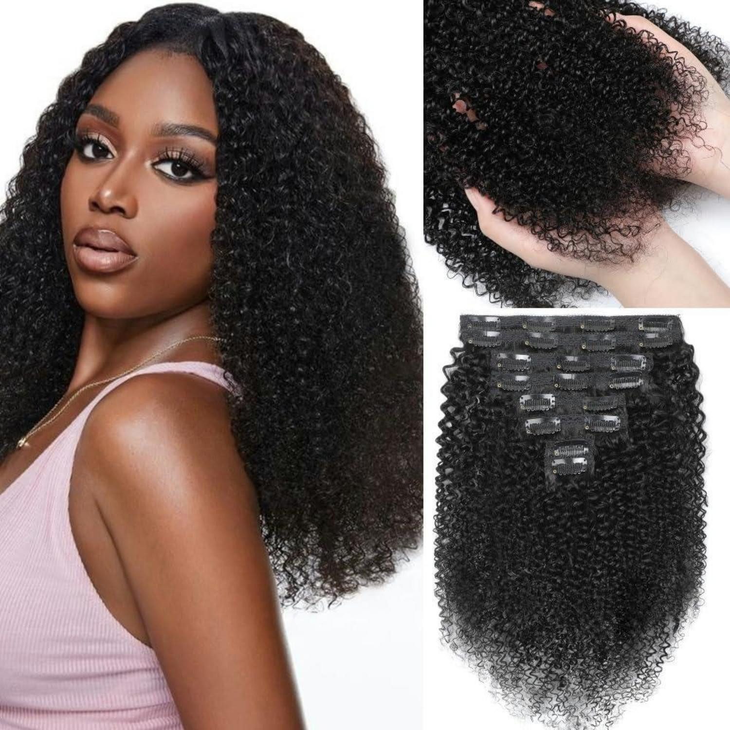 LuxusKollektion Echthaar-Extension Haarverlängerungen Clip In Kinky Curly Natural Black 24zoll-61cm-120g
