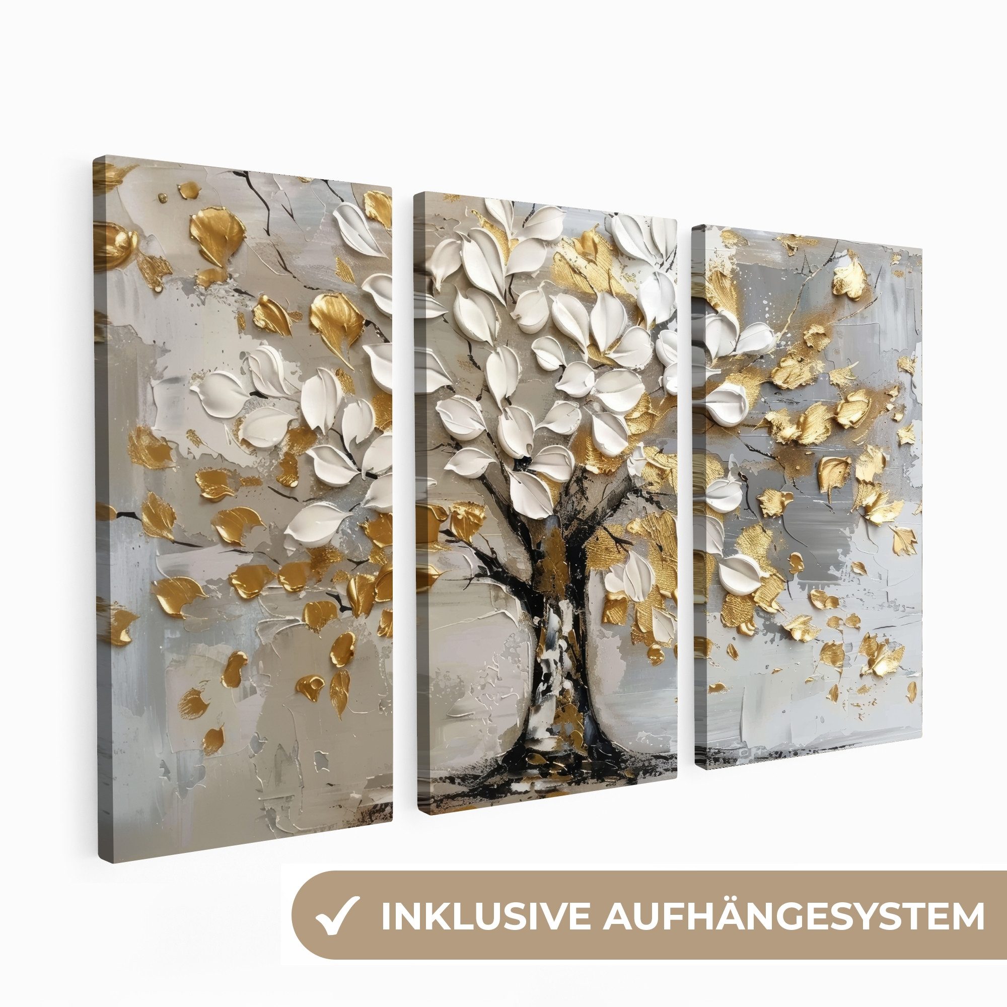 MuchoWow Leinwandbild Baum - Weiß - Gold - Lackoptik, Fotodruck (3 St), Wan günstig online kaufen