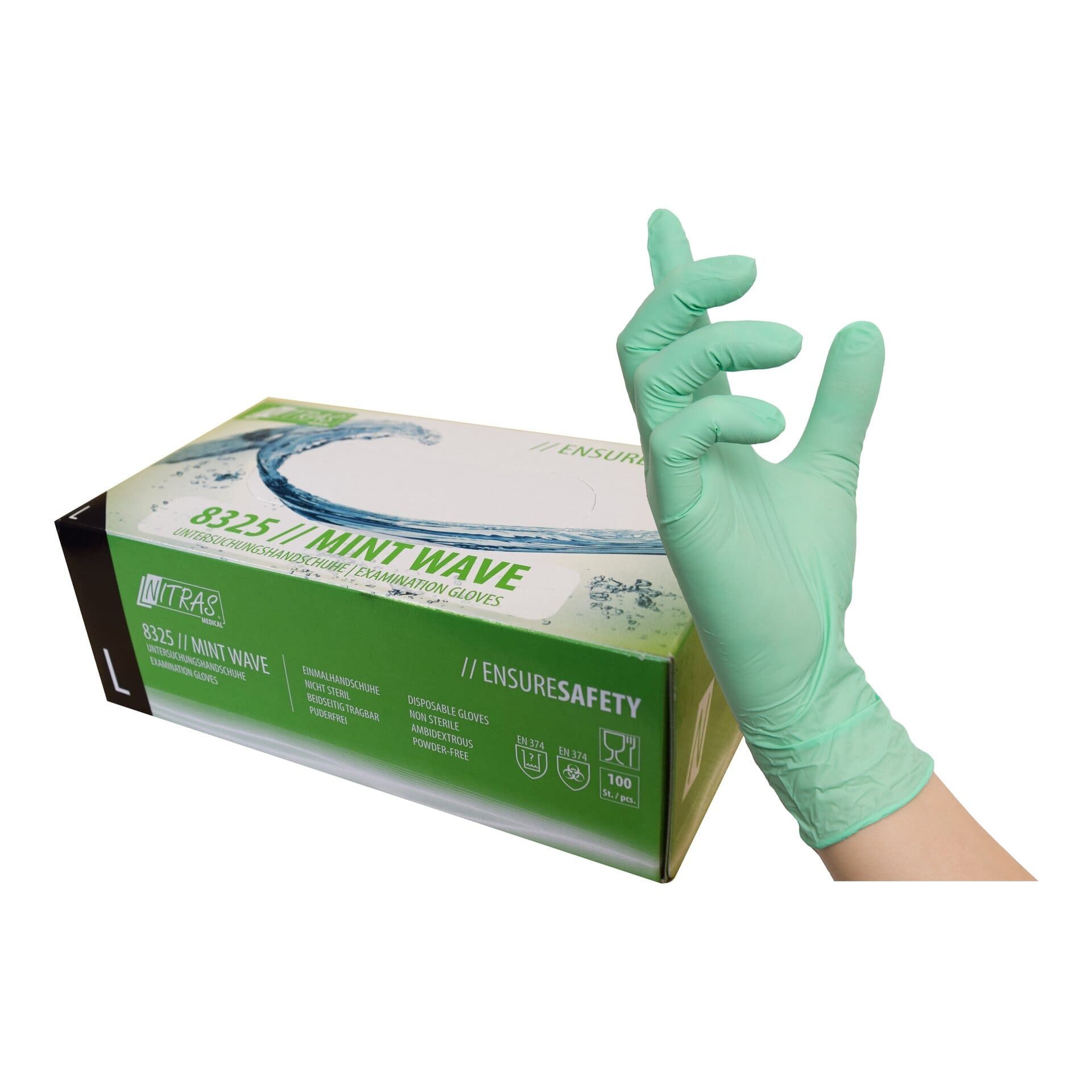 Nitras Medical Einweghandschuhe Einmalhandschuh 8325 mint wave grün Nitril Box (Packung, VPE=1 Box=100 Stück, Gr M-XL) Lebensmittelgeignet/ Nitril
