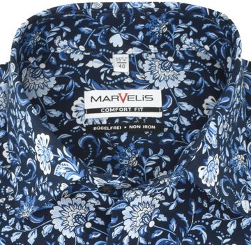 MARVELIS Businesshemd Businesshemd - Comfort Fit - Langarm - Florales Muster - Blau Allover-Print