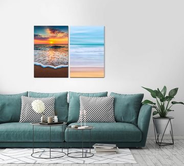 Sinus Art Leinwandbild 2 Bilder je 60x90cm Strand Wellen Meer Sonnenuntergang Beruhigend Entspannend Natur
