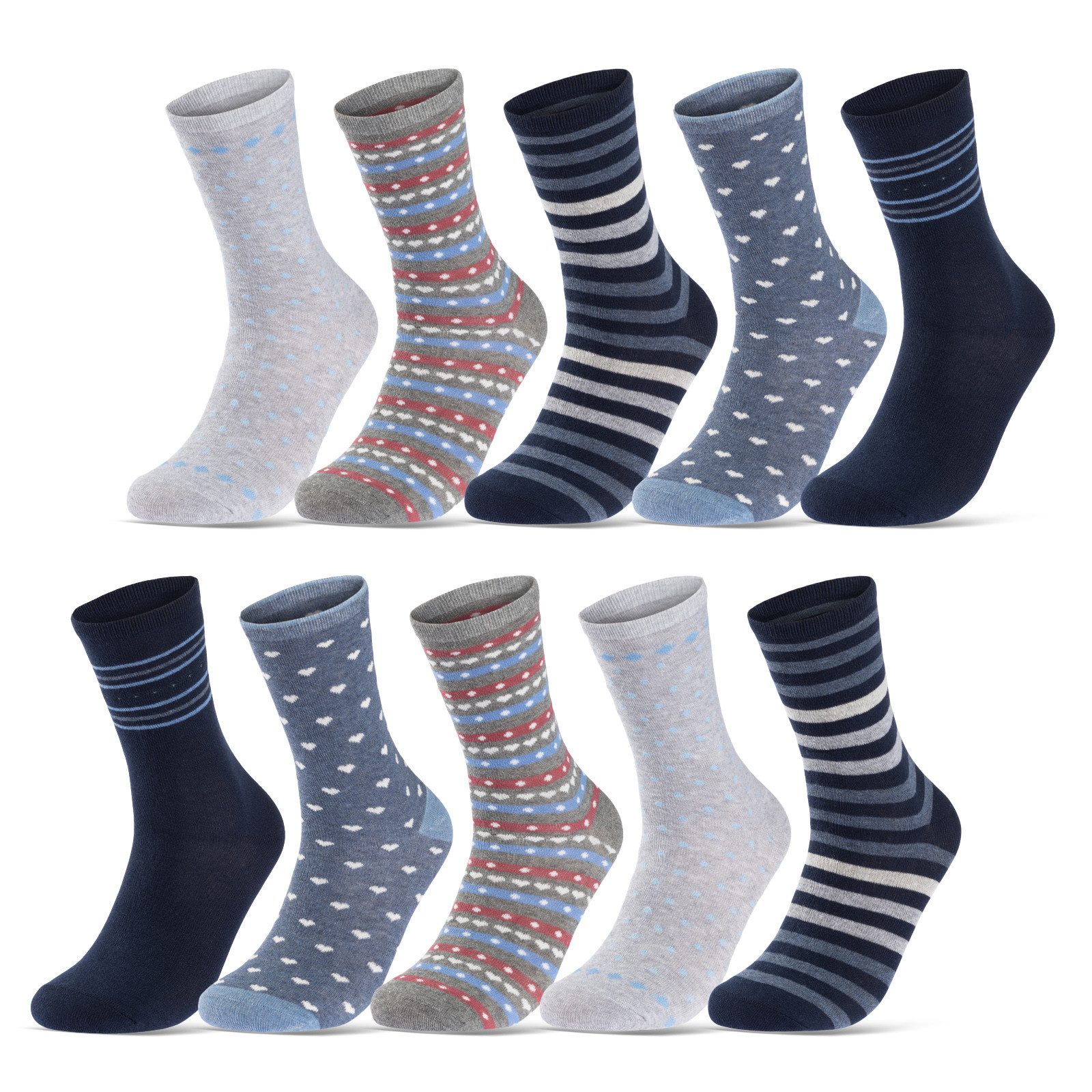 sockenkauf24 Basicsocken 10 Paar Damen Socken Mehrfarbig Streifen Punkte (34977/2, 39-42) Herzen Maritim Baumwolle