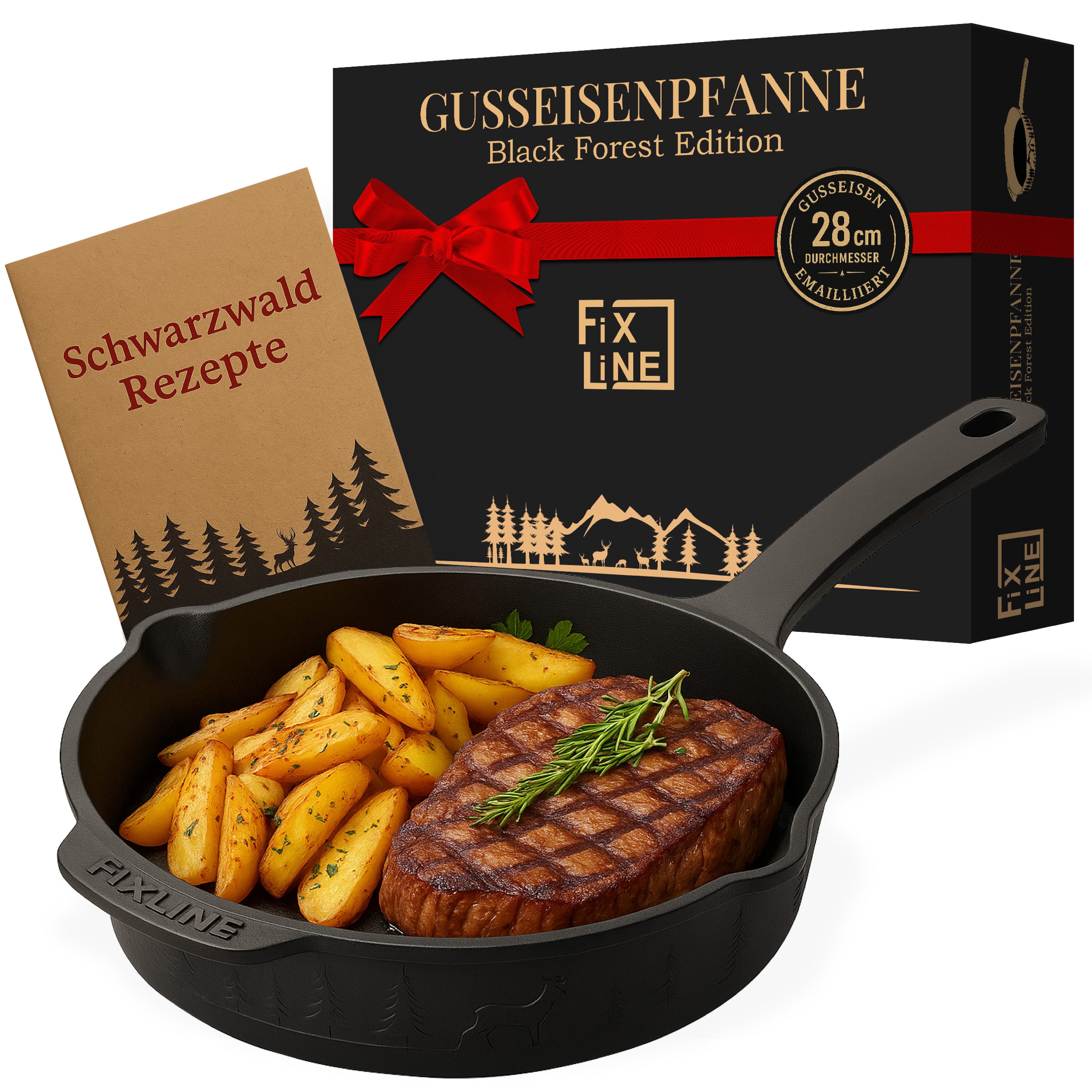 FIXLINE Bratpfanne Original Gusseisenpfanne 28cm Black Forest Edition - Emailliert, Gusseisen (Einzel, 1 Gusseisenpfanne), Emailliert, Black Forest Edition