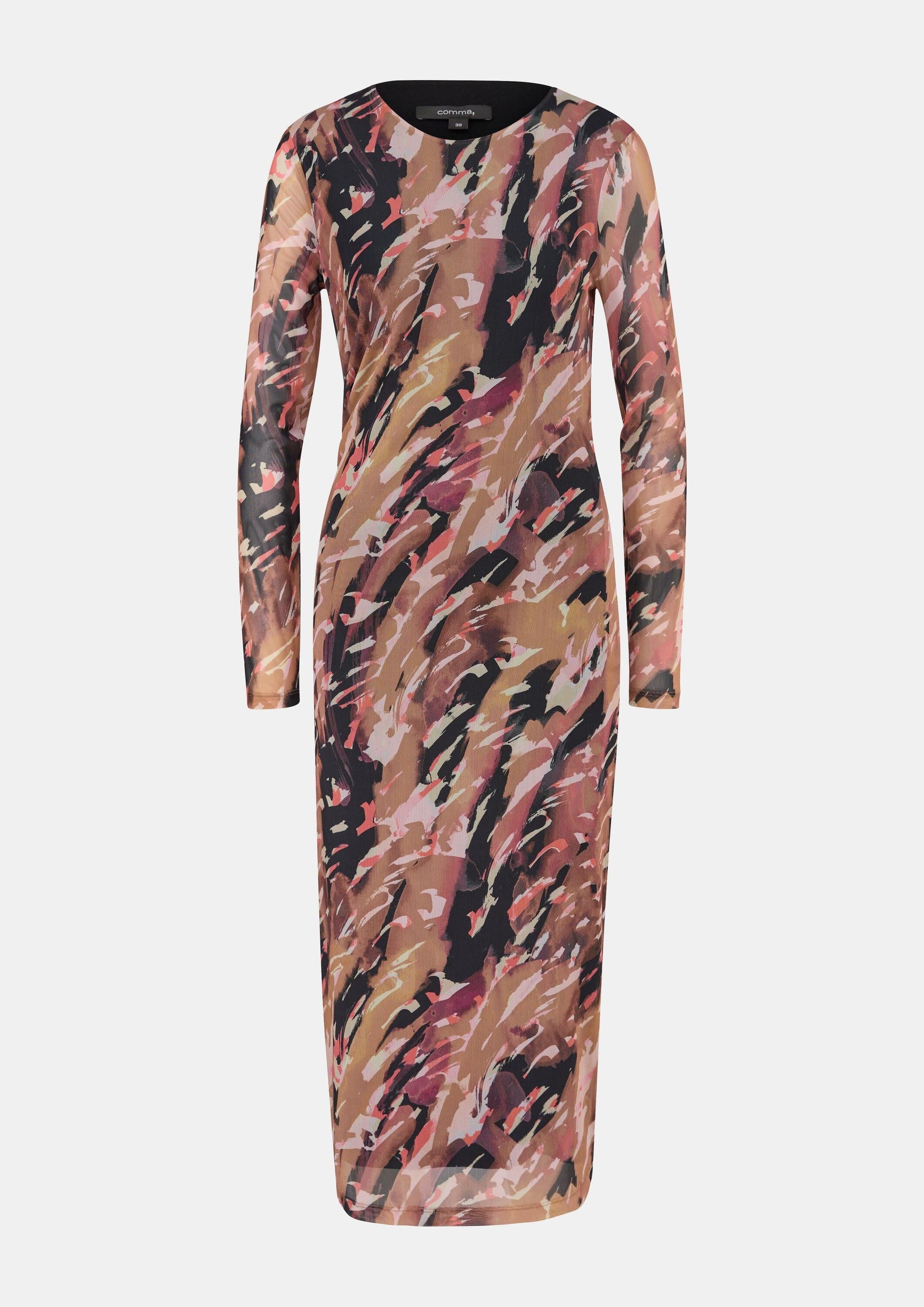 comma Midikleid Kleid Gemustertes Meshkleid mit Raffung
