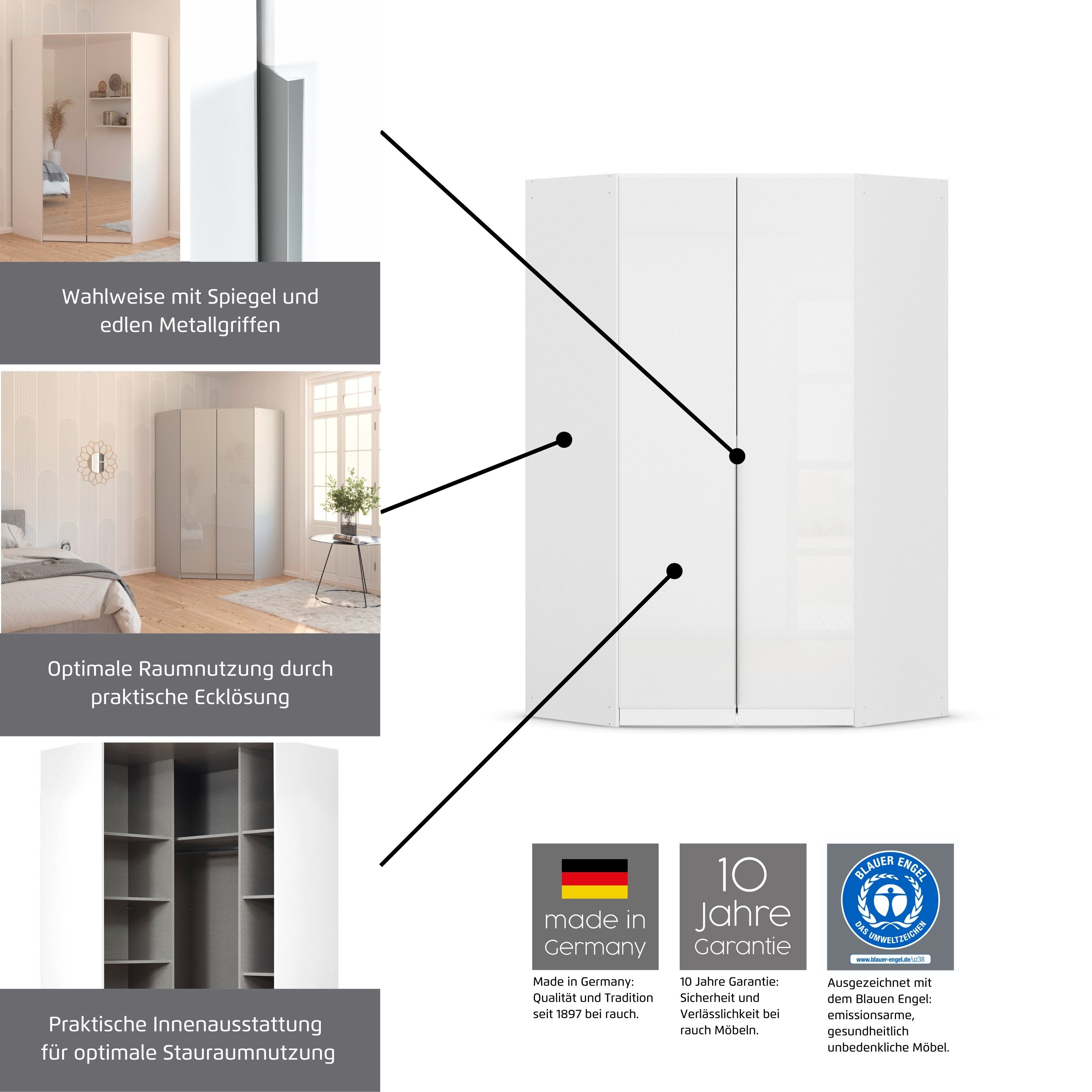 rauch Eckkleiderschrank Kleiderschrank Schrank Ankleidezimmer Schlafzimmer Garderobe AGORDO (in zwei Griff-Farben) mit Spiegeltüren, voll ausgestattet mit viel Stauraum MADE IN GERMANY