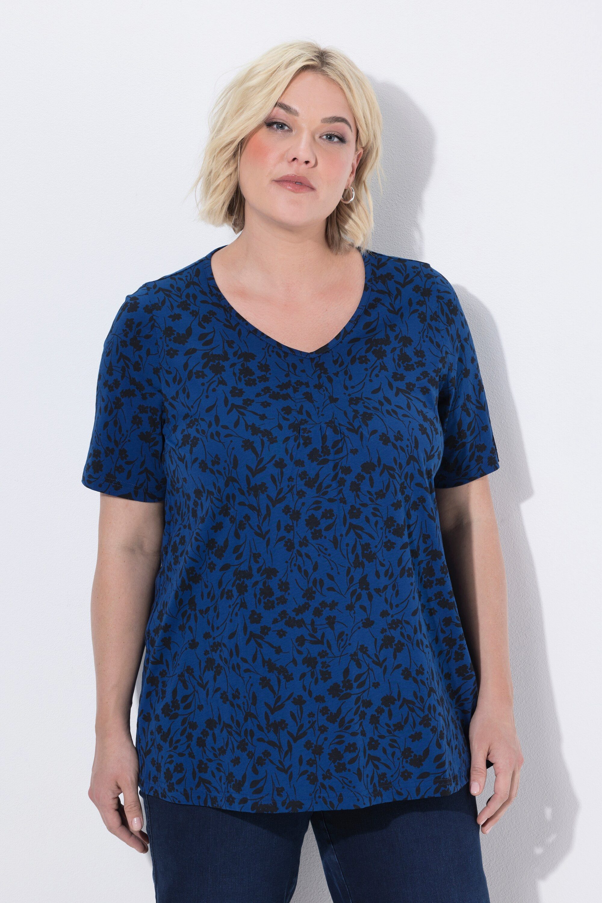 T-Shirt T-Shirt Blüten Zierfalten V-Ausschnitt Halbarm