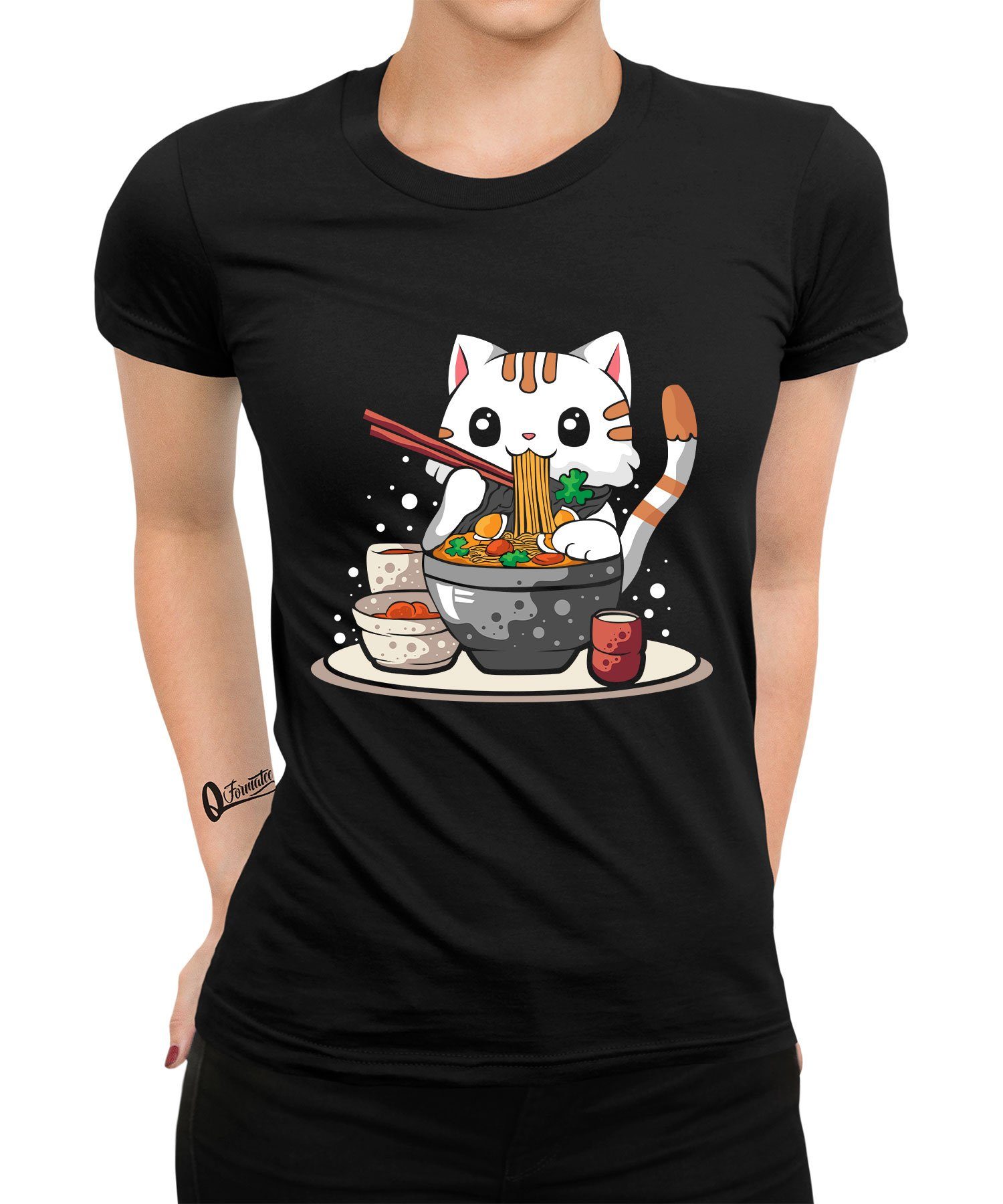 (1-tlg) T-Shirt Damen Japanische Ramen Kurzarmshirt Formatee Anime Katze Nudeln Japan Quattro
