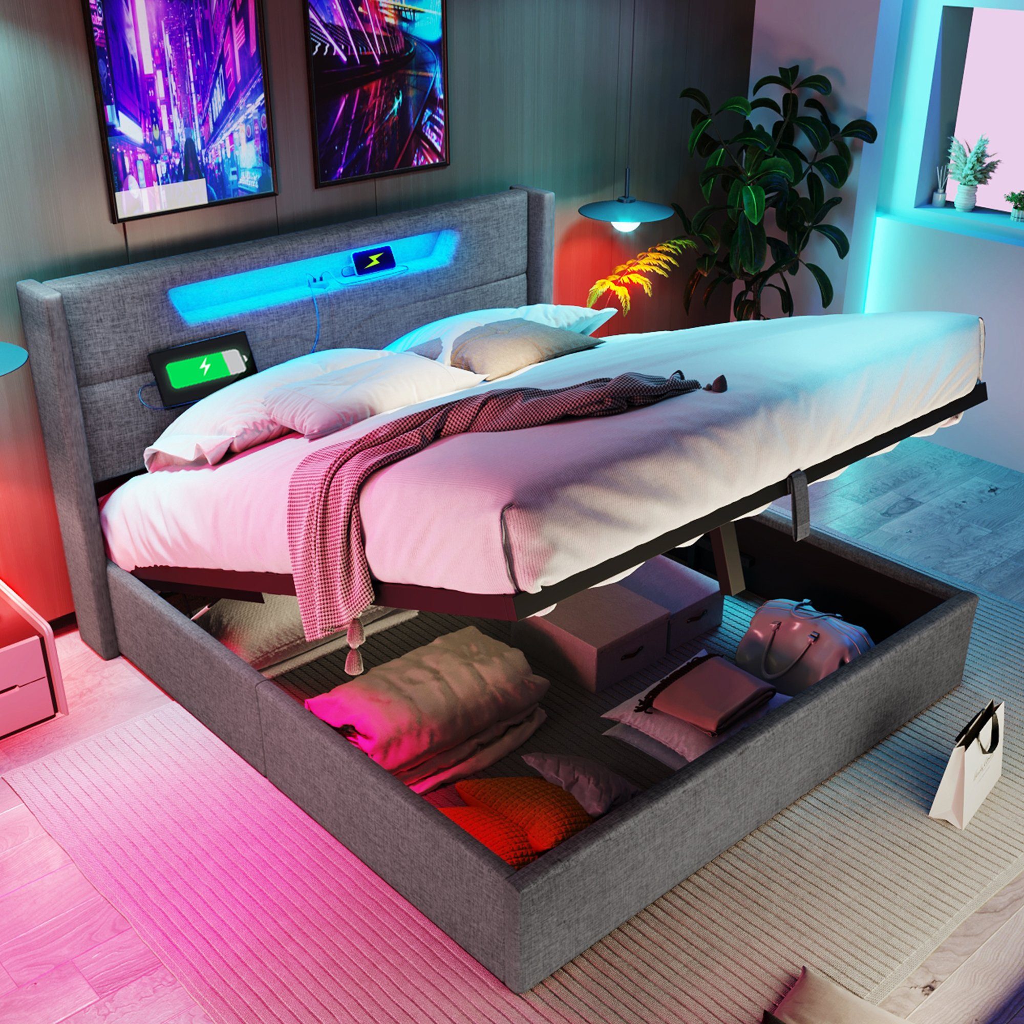 REDOM Polsterbett LED Doppelbett mit USB günstig online kaufen