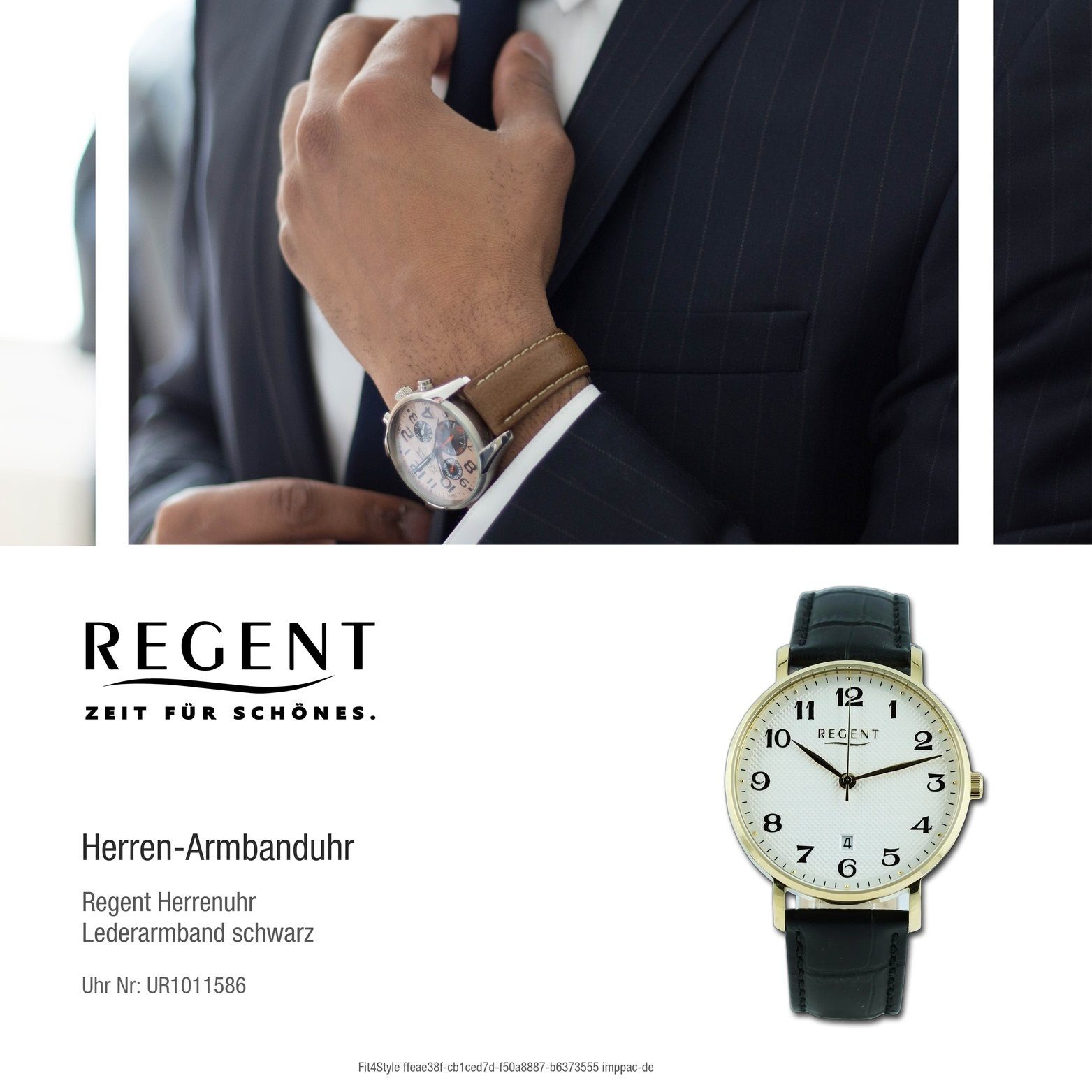 Regent Quarzuhr Regent Gehäuse, rundes groß Analog, Armbanduhr (ca. 39mm) extra schwarz, Herren Lederarmband Herrenuhr