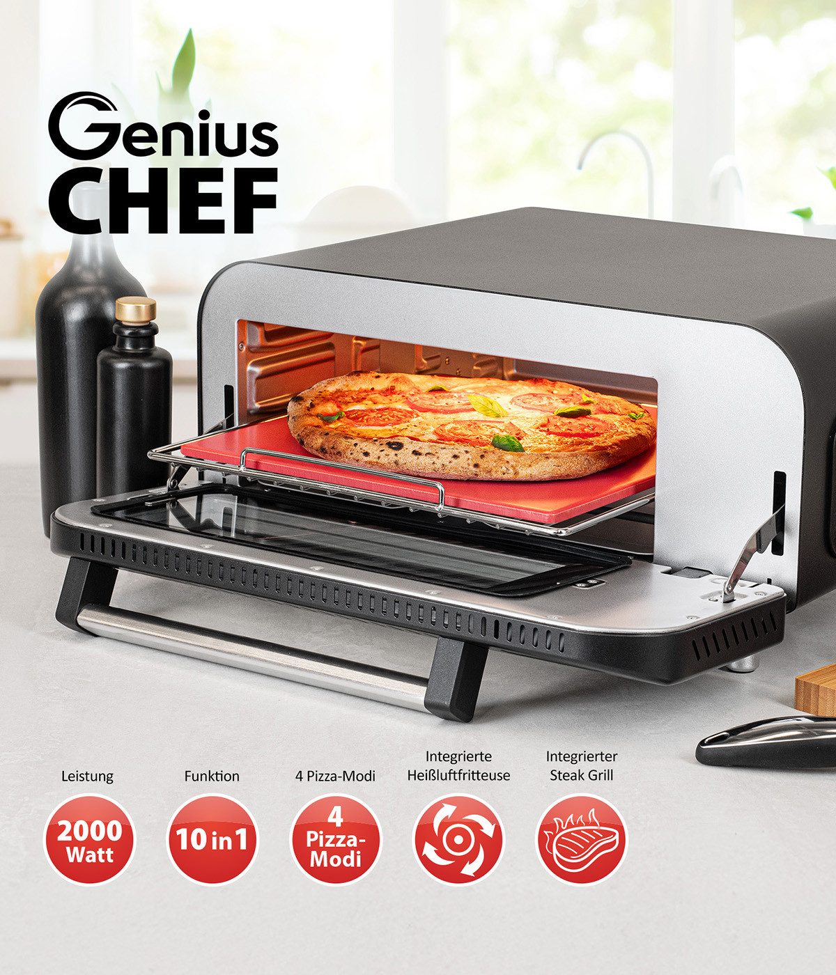 Genius Pizzaofen Genius Chef elektrischer Pizzaofen 10 in 1 8 tlg, 400°C, 2000 Watt, authentischen Holzofen-Genuss, 10in1-Funktion