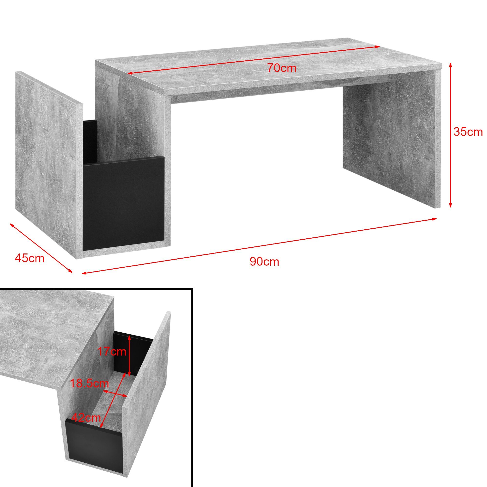 en.casa Couchtisch, Bollnäs Wohnzimmertisch 90x45x35cm Betonoptik