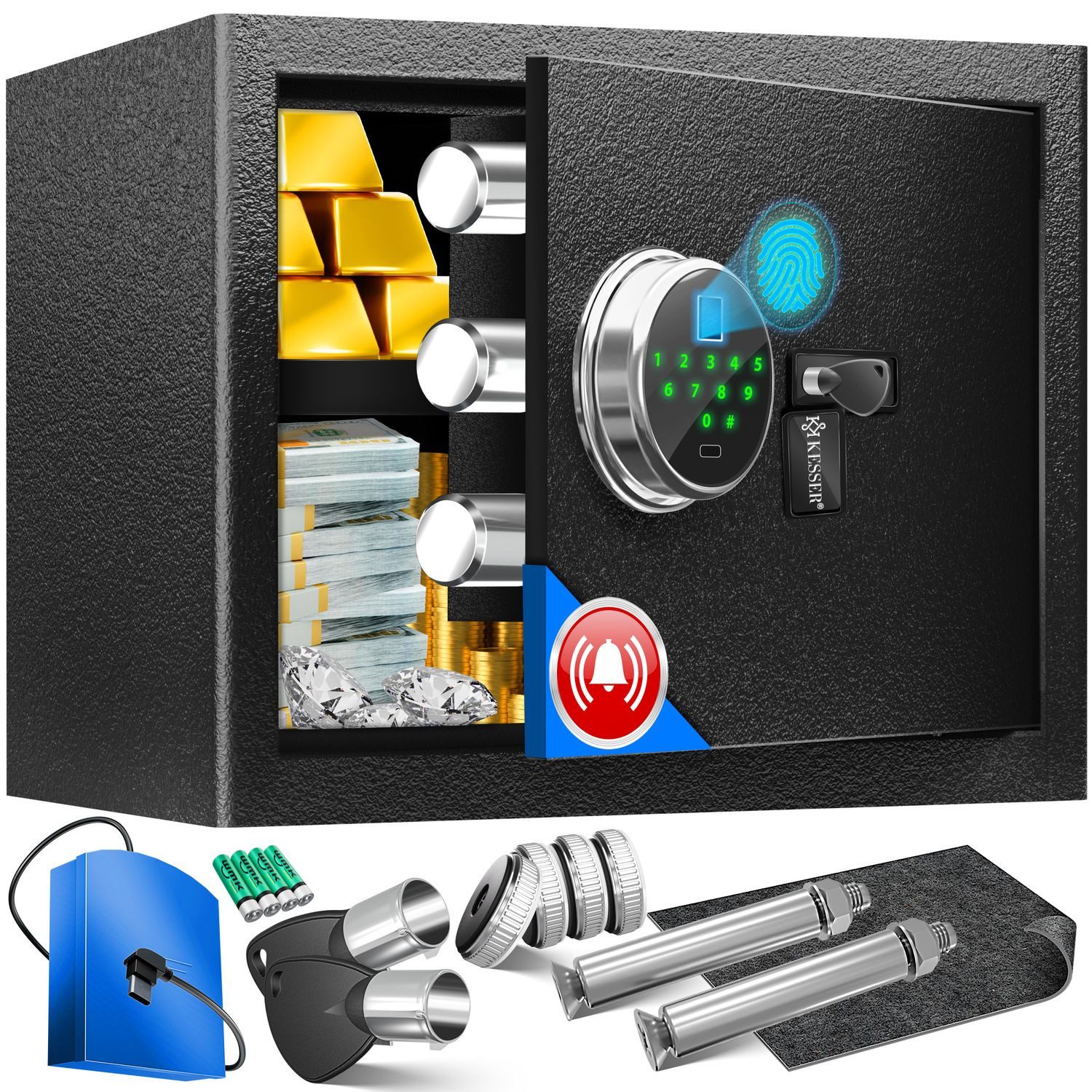 KESSER Tresor mit Fingerabdruck & Schlüssel Elektronischer Safe Möbeltresor (Wandtresor mit Ersatz-Schlüssel, Batterien, Notfall-Akku & Wandbolzen), Boden & Wandmontage 3x Doppelbolzenverriegelung & Zahlenschloss