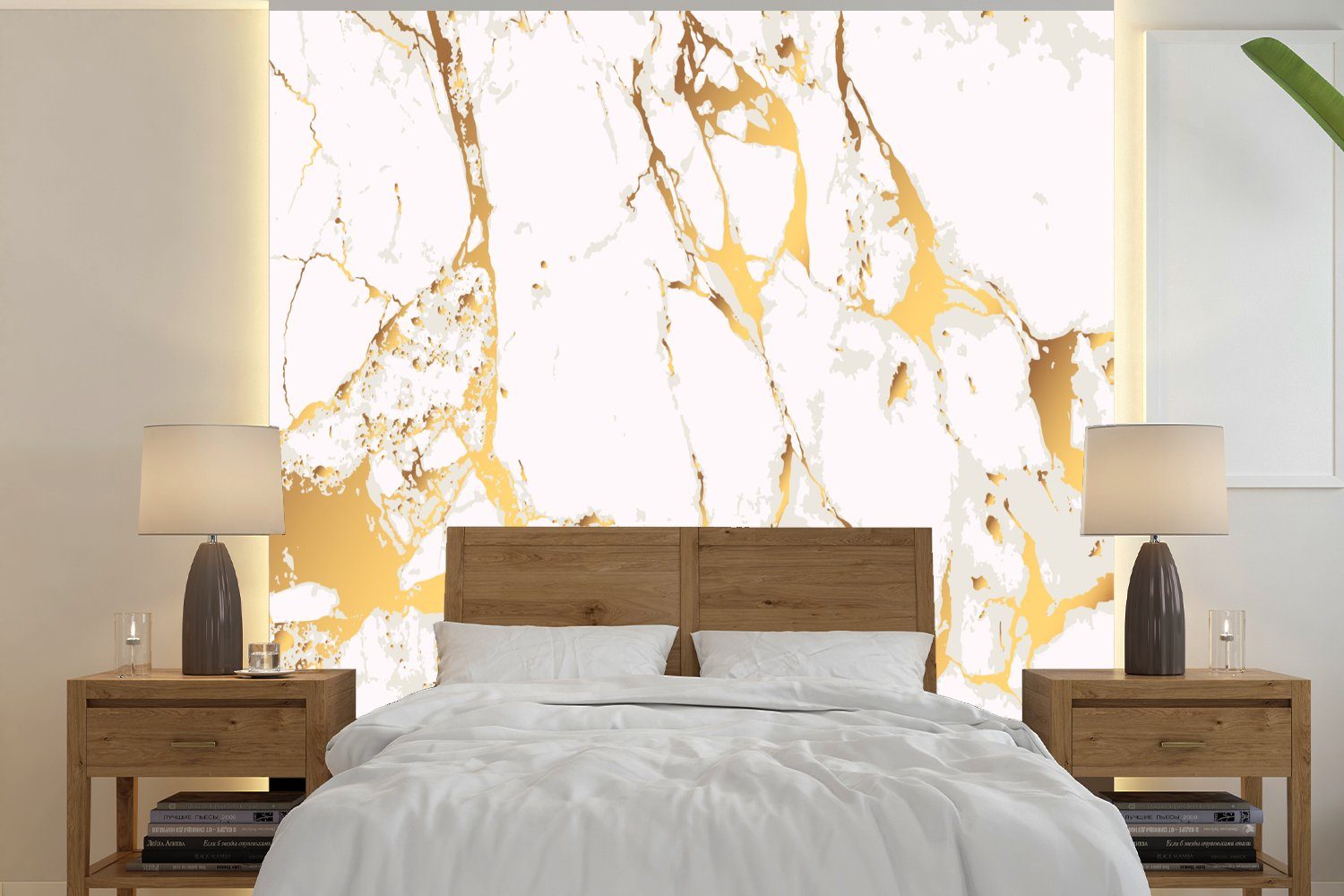 Weiß MuchoWow Fototapete Schlafzimmer Marmor Gold für - Matt, - Fototapete Wohnzimmer St), bedruckt, - Chic, (4 Küche, Vliestapete