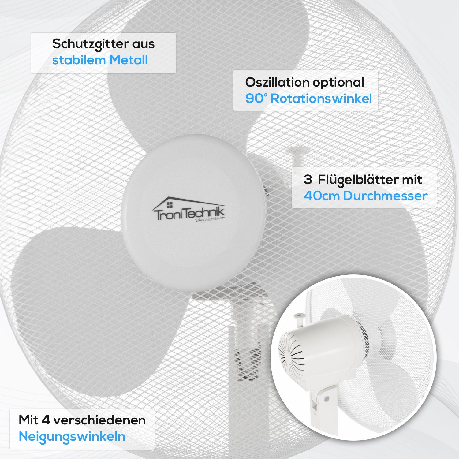 TroniTechnik Standventilator Lüfter, Kühlgerät weiß Oszillation, SV02 ⌀ 45Watt 40cm Oszillation,3 40cm mit Intensitätsstufen, Durchmesser, verschiedene