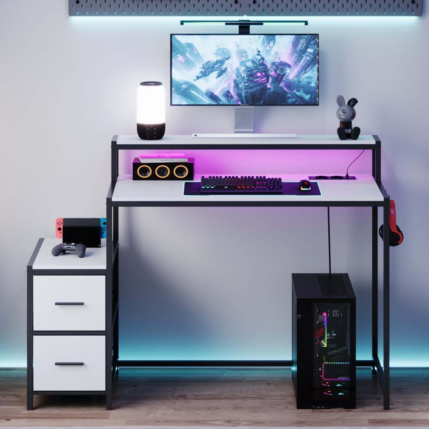 FUFU&GAGA Schreibtisch Gaming Schreibtisch LED 24 Farben Computertisch mit Stoffschubladen