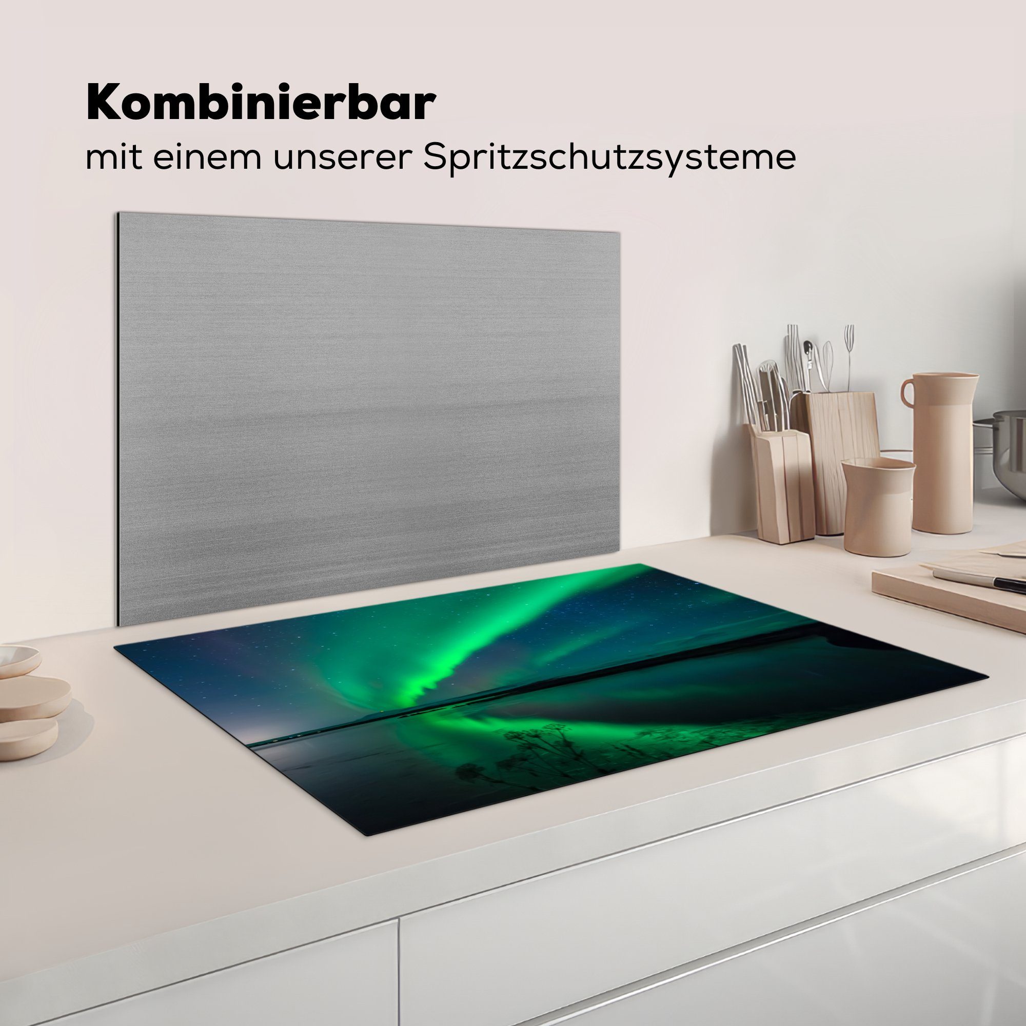 - MuchoWow die Schutz - Induktionskochfeld tlg), Sternenhimmel Wasser, (1 Grün Ceranfeldabdeckung Vinyl, Nordlicht küche, Island - cm, für 81x52 Herdblende-/Abdeckplatte -