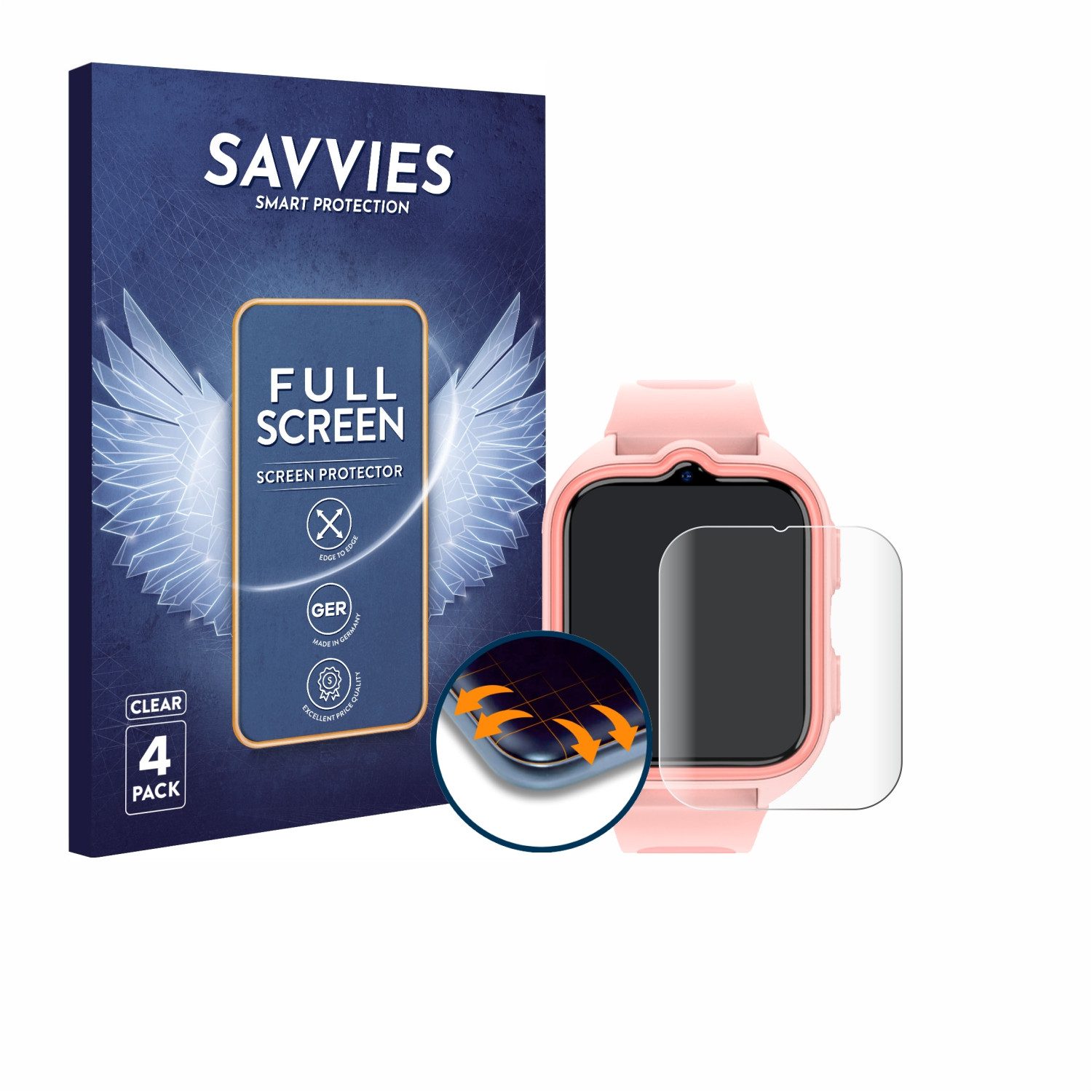 Savvies Displayschutzfolie Fullscreen Schutzfolie für Blackview Z30 Kids Smartwatch, 4 Stück, Displayschutz Folie Fullcover Klar Transparent