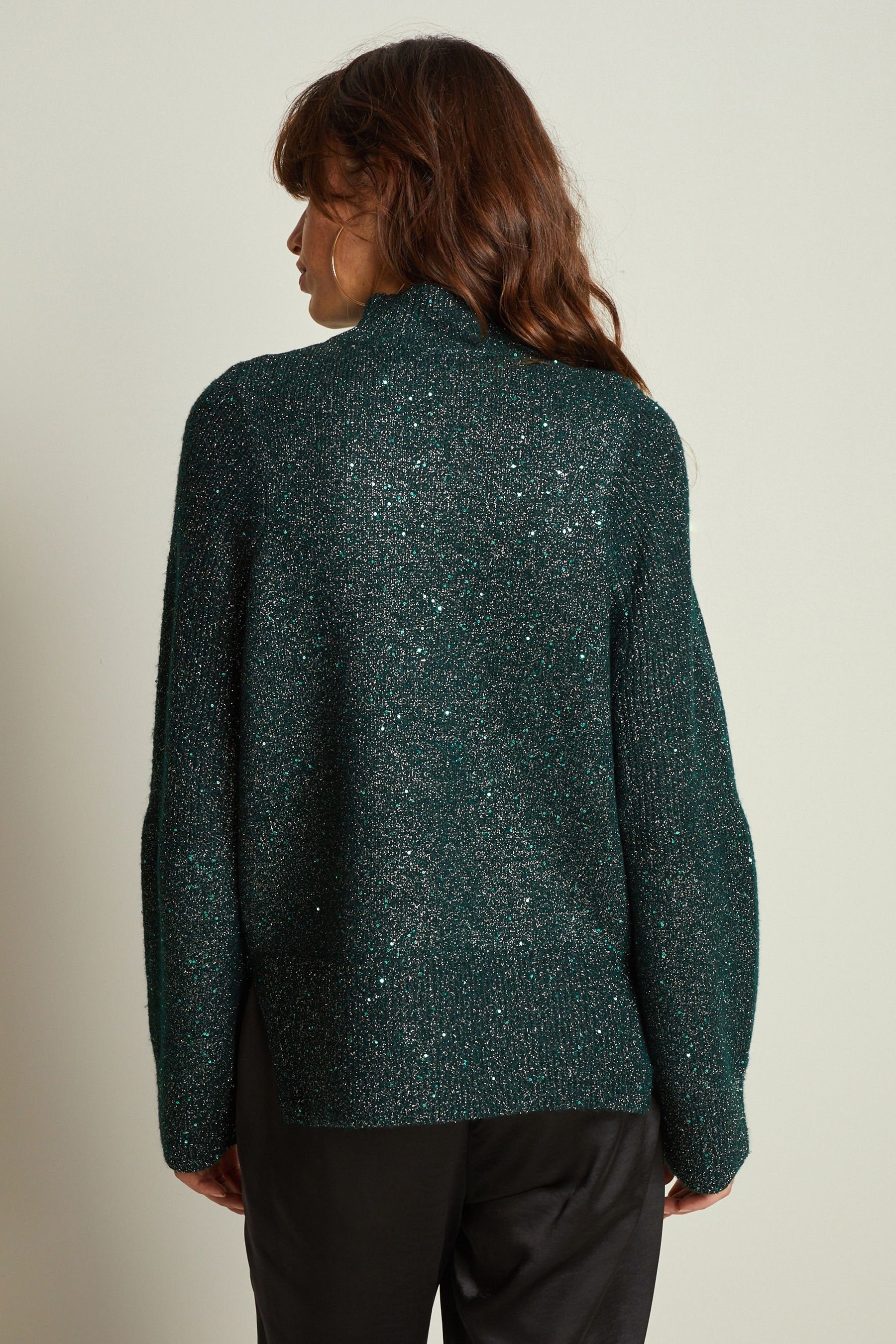 (1-tlg) Next Stehkragenpullover mit Pailletten Langärmeliges Green Pulloverkleid